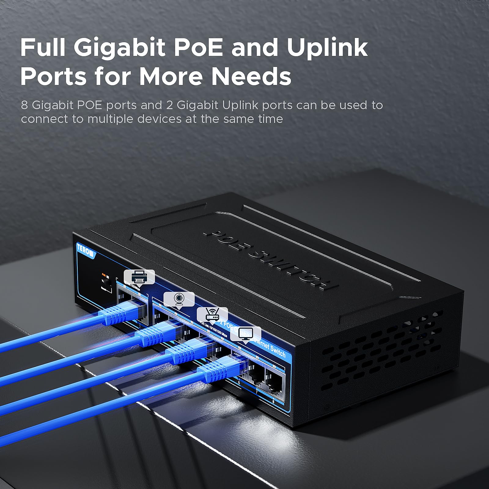 Terow 10 Port Gigabit Poe Network Switch: Featuring 8 Poe+ 2 Uplink Ports, 802.3Af/At Compliant, Plug & Play, With Shielded Port