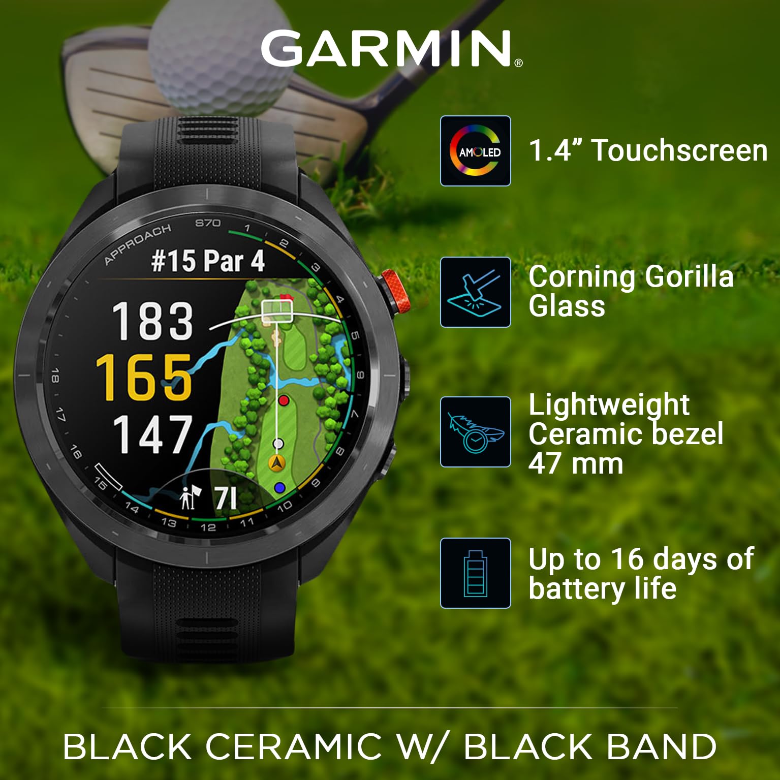 Wearable4U - Garmin Approach S70: Ceramic 47 Mm Golf Smartwatch|1.4 Amoled Display Up To 16 Days Battery Life, Multisport Gps Pr