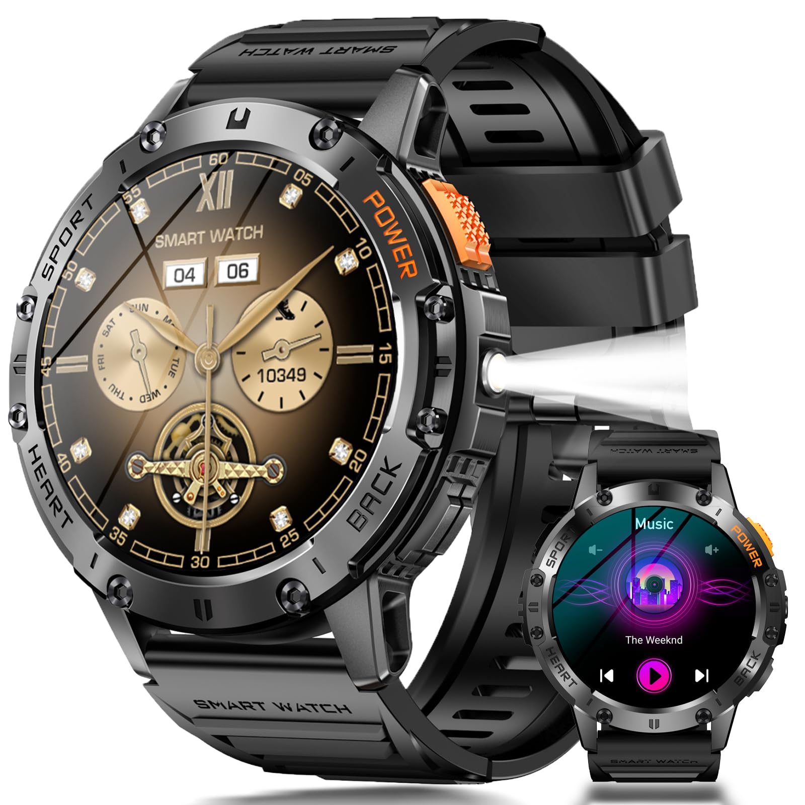 Tiwain Military Smart Watches for Men with Flashlight, 170+ Sport Modes 1.43  AMOLED Screen, 530mAh Answer/Make Calls, Bluetooth