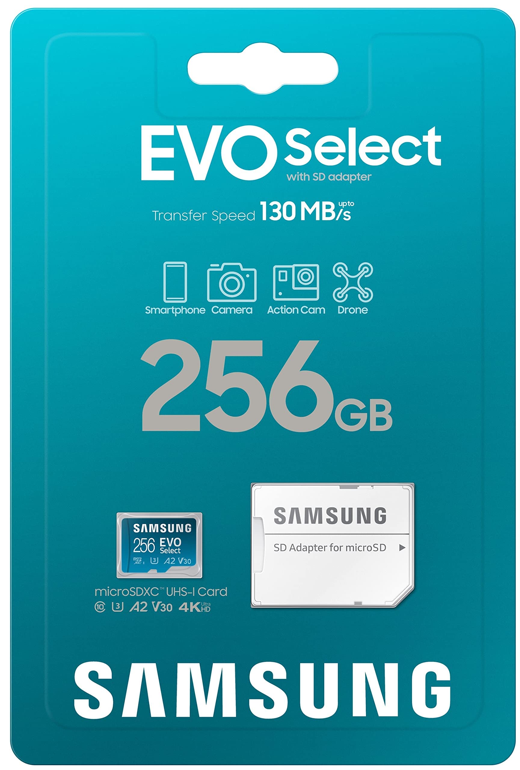 Samsung Evo Select Micro Sd-Memory-Card + Adapter, 256Gb Microsdxc 130Mb/S Full Hd & 4K Uhd, Uhs-I, U3, A2, V30, Expanded Storag