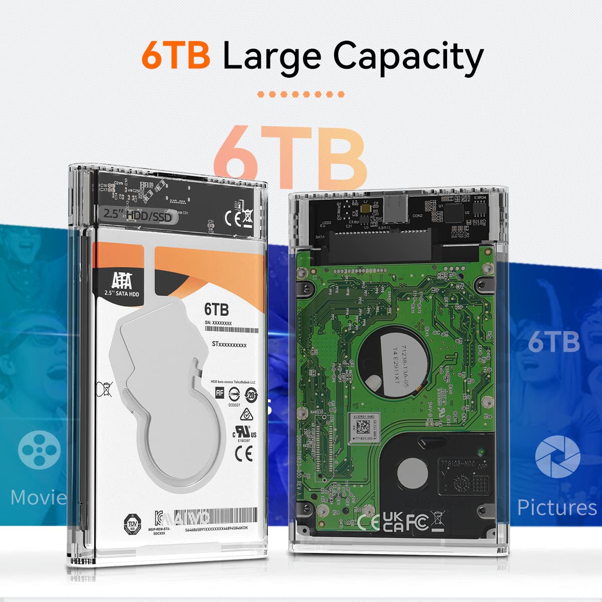 MAIWO 2.5 External Hard Drive Enclosure, Transparent White, USB C to SATA Adapter, 6TB Capacity, for 7mm & 9.5mm SSD/HDD
