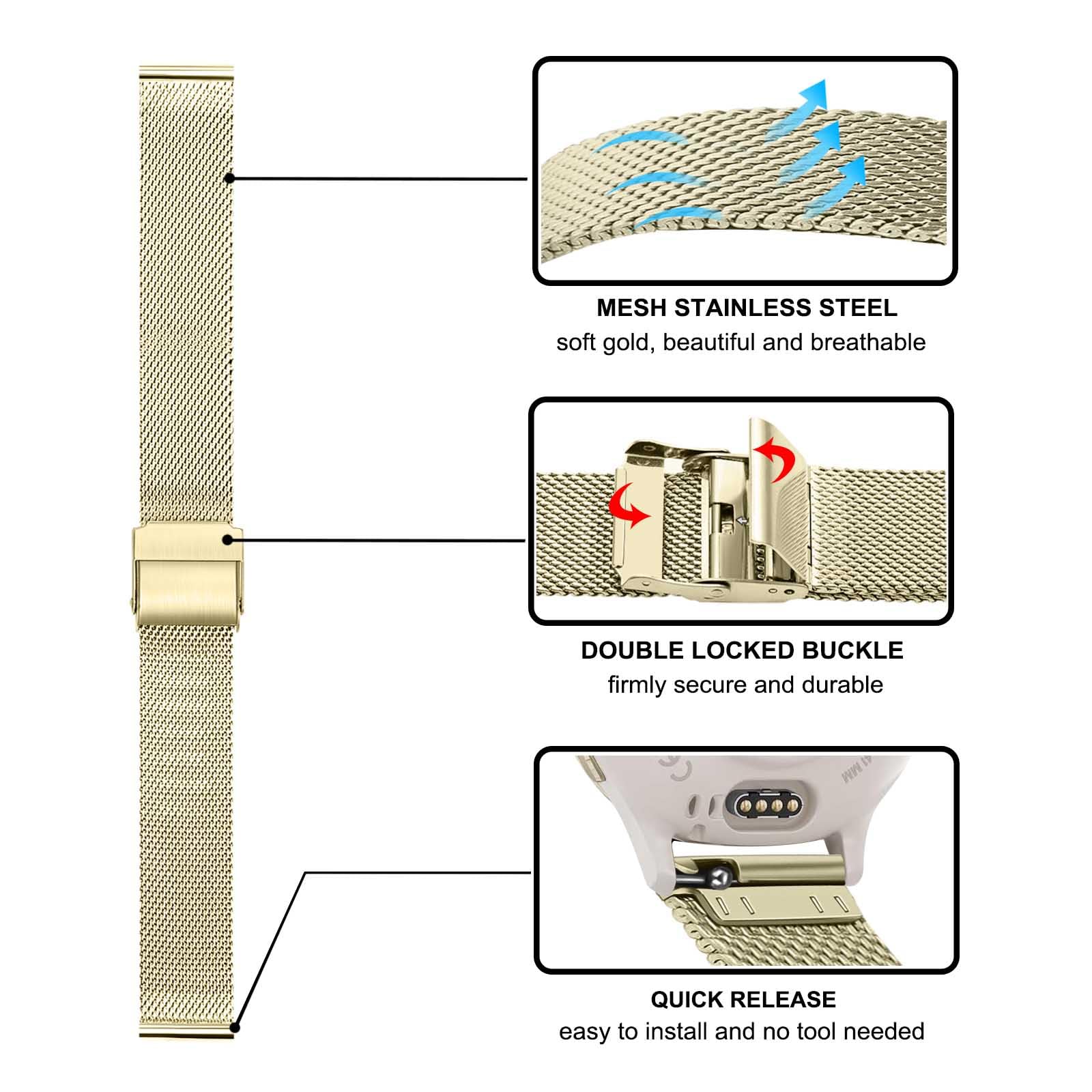 Trumirr Band Sets For Venu 3S (41Mm) Women Smart Watch, Solid Stainless Steel Metal + Mesh Watchband Soft Gold Strap For Garmin