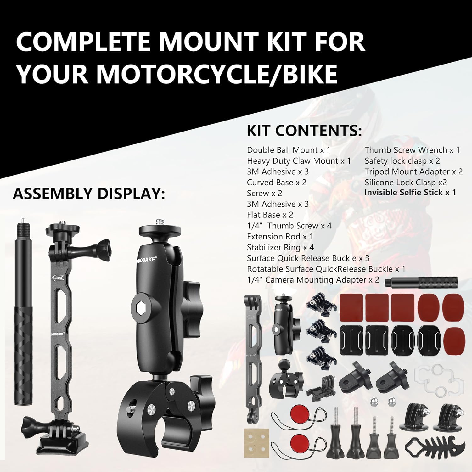 Bike Motorcycle Handlebar Mounting Bundle Kit For Insta360, Third Person Bicycle Handlebar Selfie Stick Clamp Action Camera Accessories Mount Compatible With Insta360 X4 X3 X2 X One Go3 S, Gopro Etc