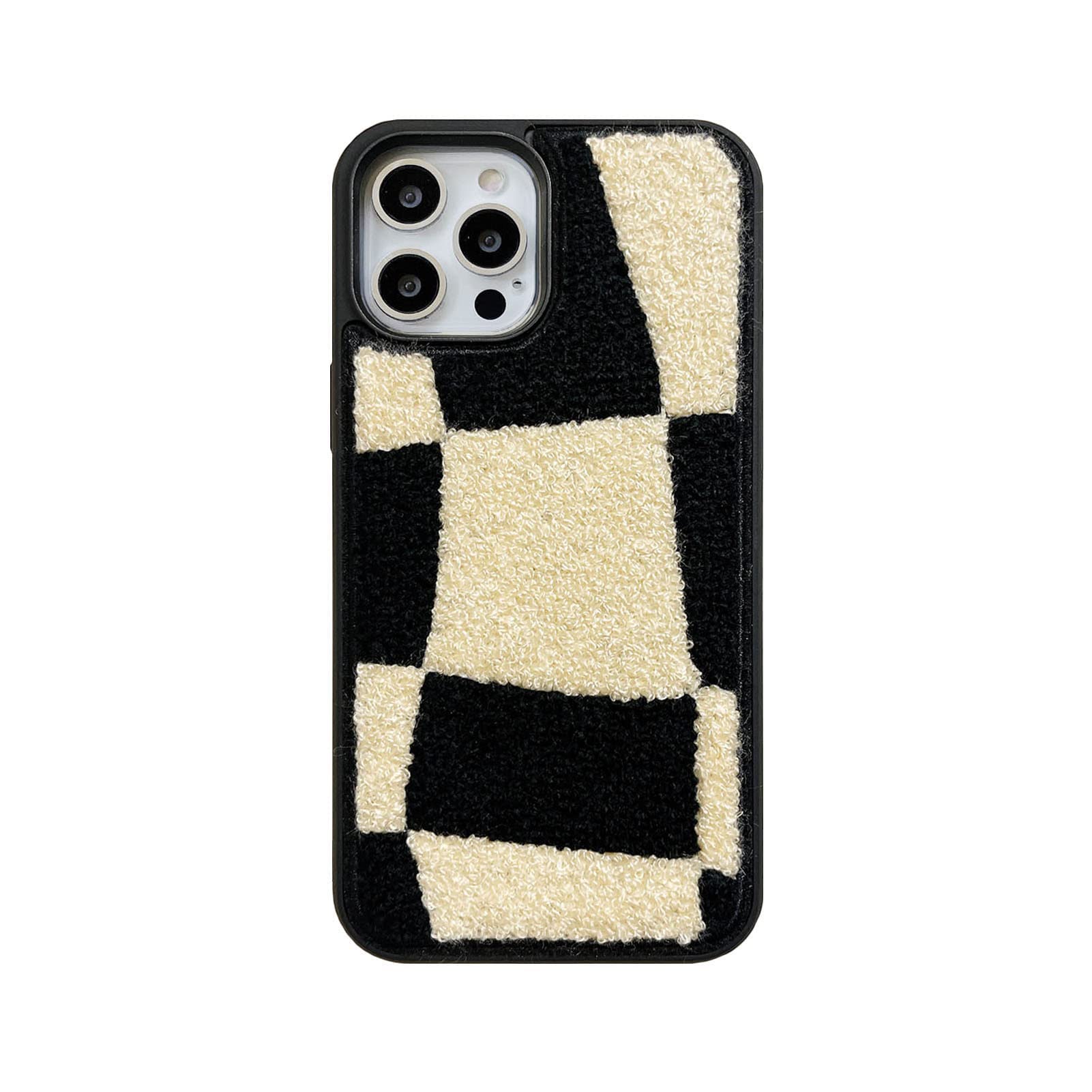 Tewwsdi iPhone 13 Pro Max Phone Case Terry Velvet Black White Checkered TPU