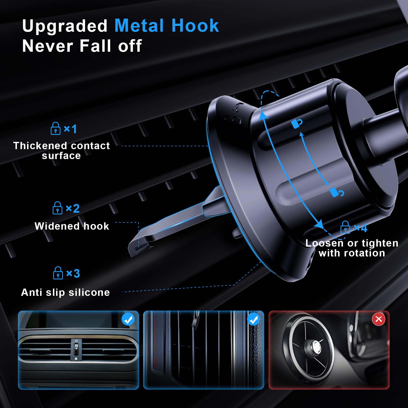 Fbb Phone Mount For Car, Air Vent Car Phone Holder With Metal Hook, One Handed Operation 360 Rotation Cradle Compatible With 4 7