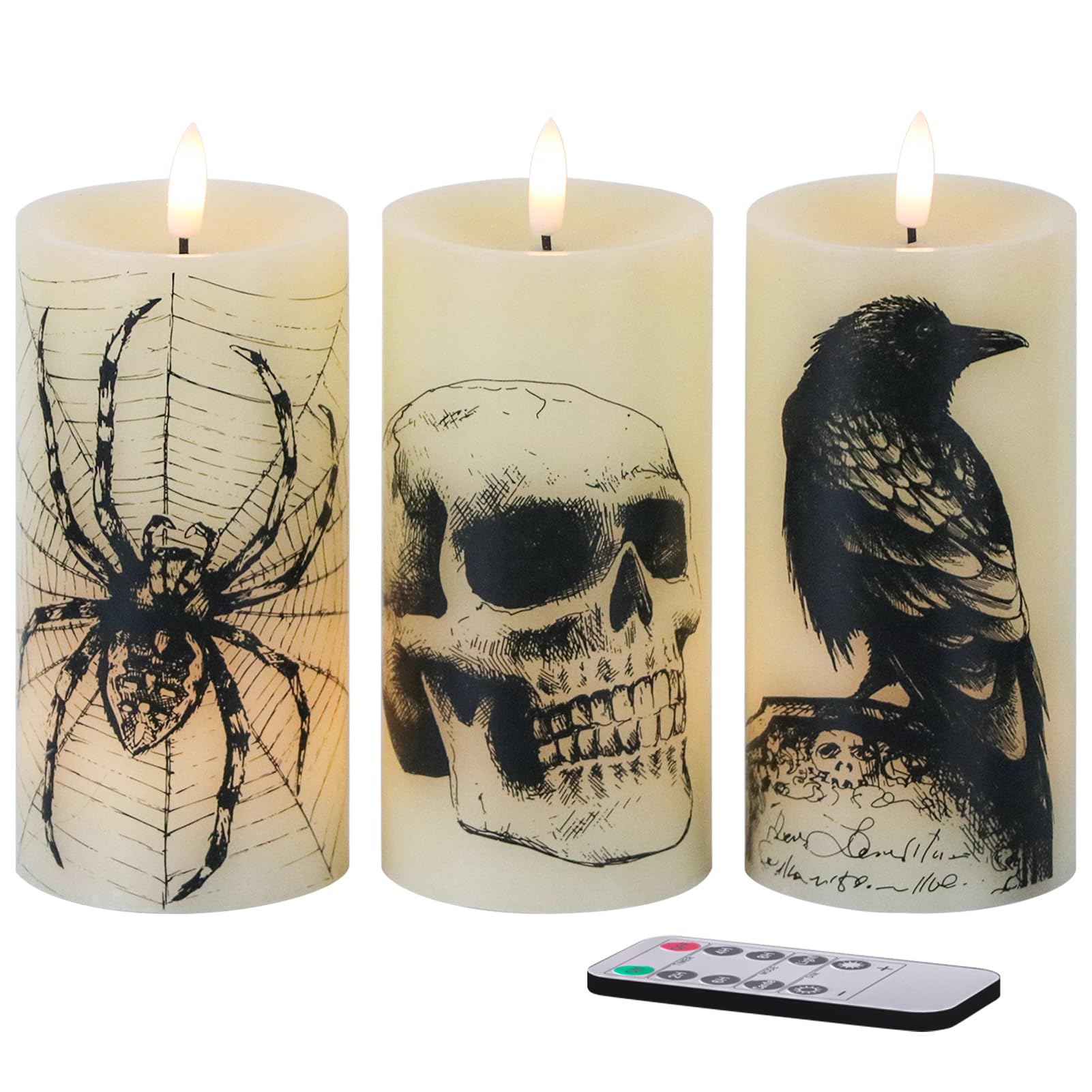 Lasumora Halloween Flameless Pillar Candles With Remote Timer   Skull, Spider Web, Crow Raven Decals Set Of 3, Battery Operated