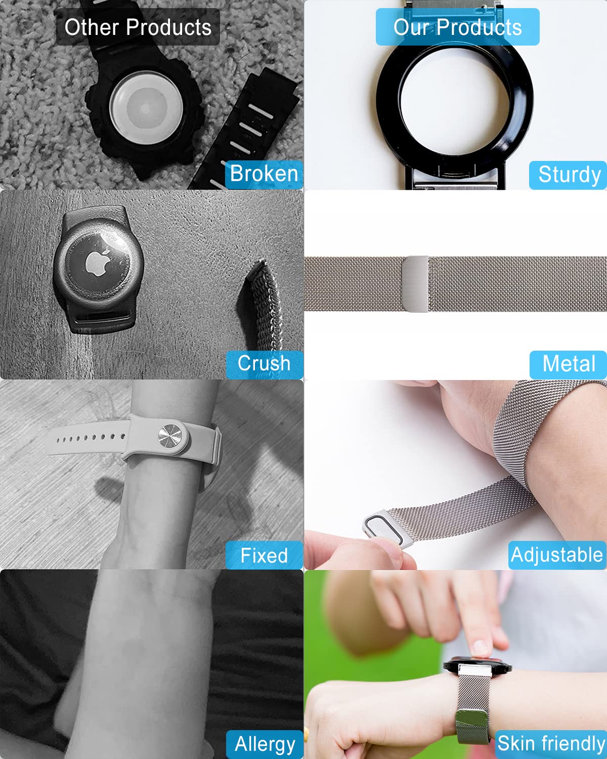 DEERLET Airtag Bracelet - Adjustable Metal Milanese Watchband for Apple Airtag - Silvery - 1 Pack