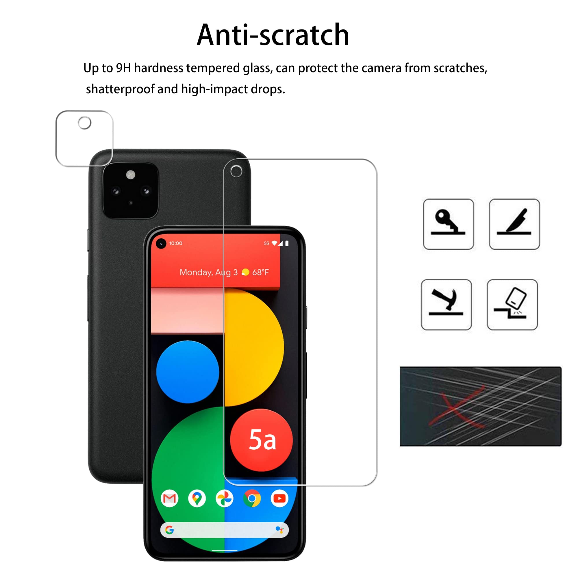 Hkkais Easy Alignment Frame Designed For Google Pixel 5A 5G Tempered Glass Screen Protector 2 Pack Camera Lens Protector Film 2