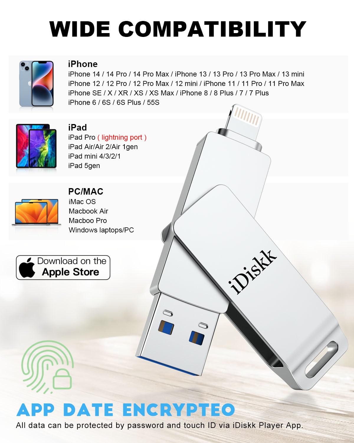 App Le Mfi Certified 128Gb Idiskk Iphone Flash Drive,For Photos And Videos,Photo Stick, Ipad Flashdrive,Iphone Usb Storage, Ipad Iphone Photo Storage Stick,For Mac,Ipad,Pc Thumb Drive Auto Backup