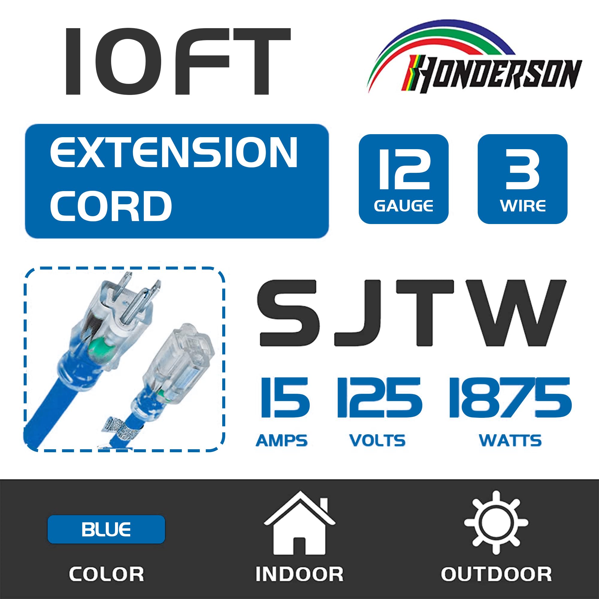 Honderson Indoor Outdoor Extension Cord Weatherproof With Lighted End, Ul Listed, 12 Gauge 10Ft Blue 3 Prong Heavy Duty Extensio