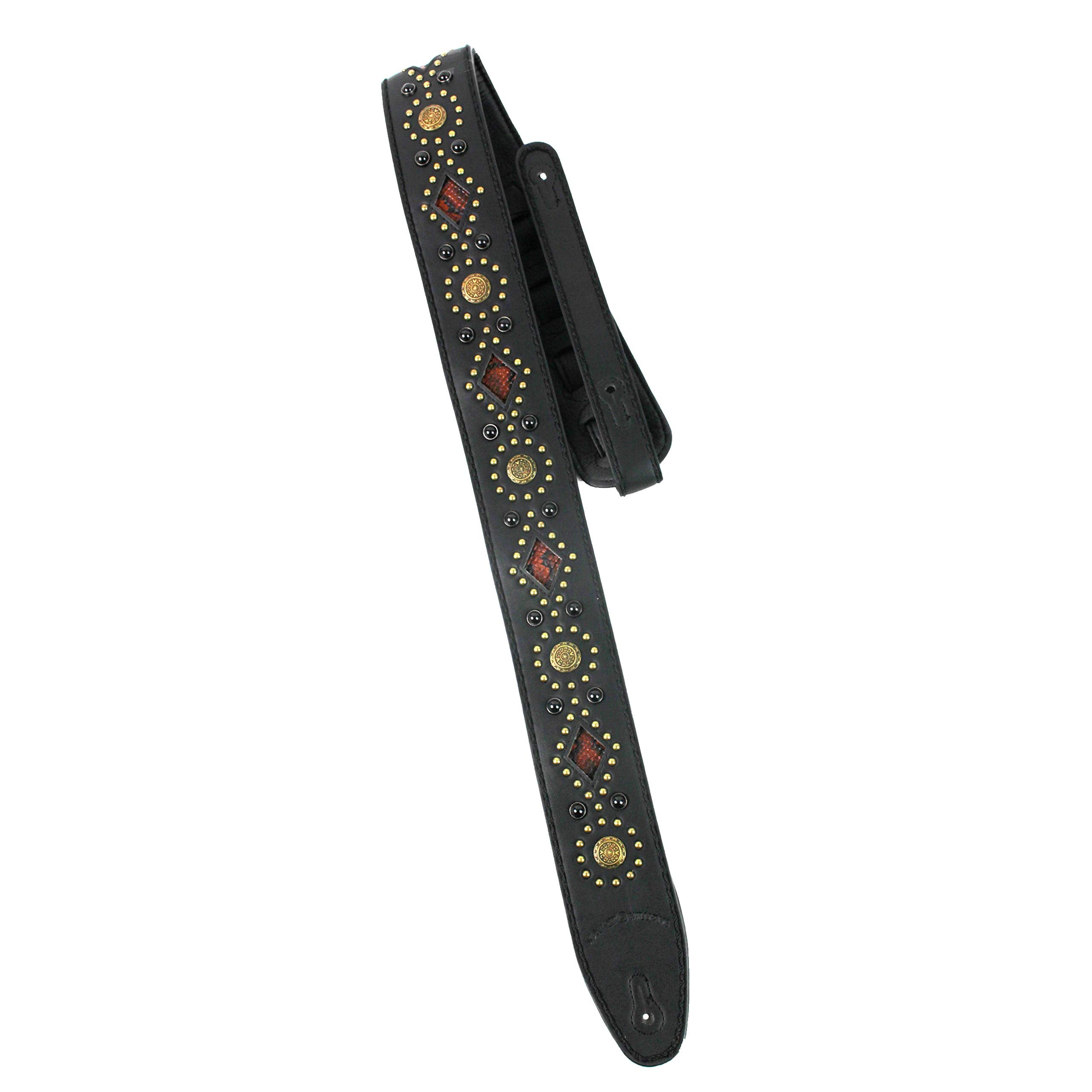 Walker And Williams Gtr-20-Bb Black On Black Sedona Special Guitar Strap With Padded Back, Snakeskin Inserts, Brass Studs & Rive