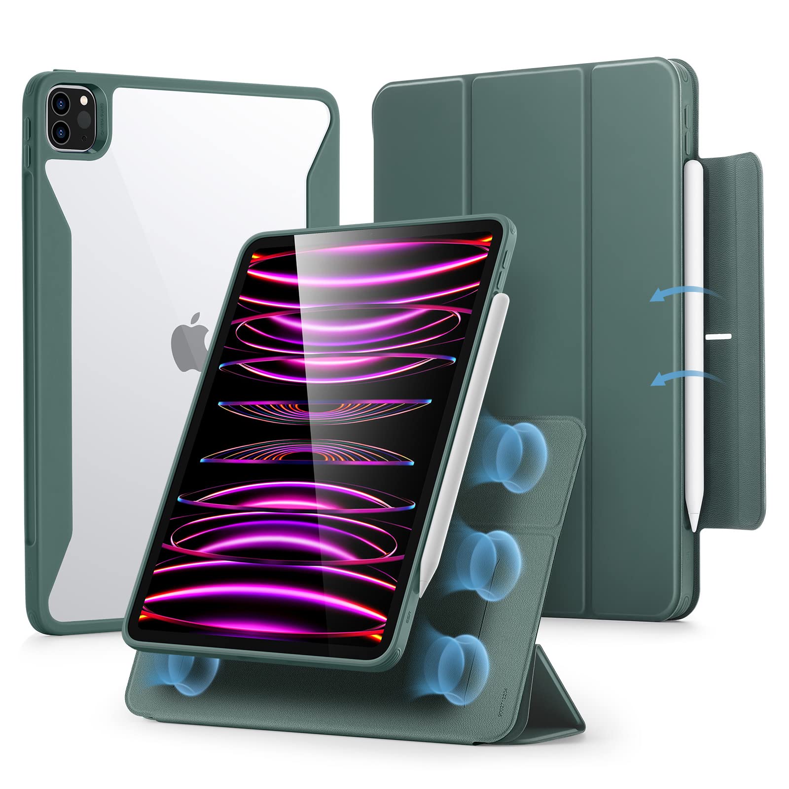 Esr For Ipad Pro 12.9 Inch Case (2022/2021), Ipad Pro 12.9 Case 6Th/5Th Generation With Pencil Holder, Detachable Magnetic Cover, Vertical Stand, Auto Wake/Sleep, Rebound 360 Series, Forest Green