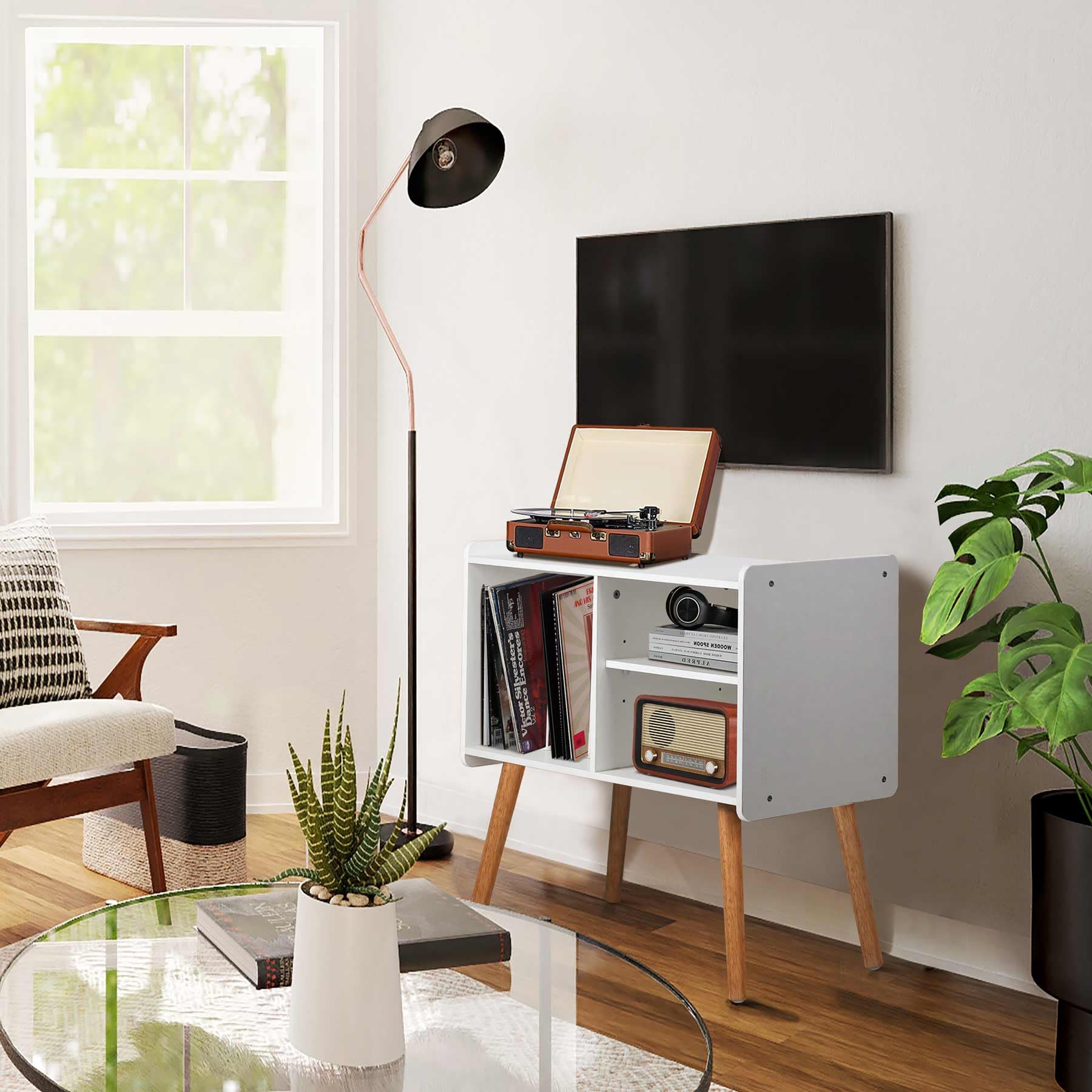 Possile Mid Century Record Player Stand, Vinyl Record Cabinet Holder With Storage Up To 100 Albums, Record Player Table For Livi