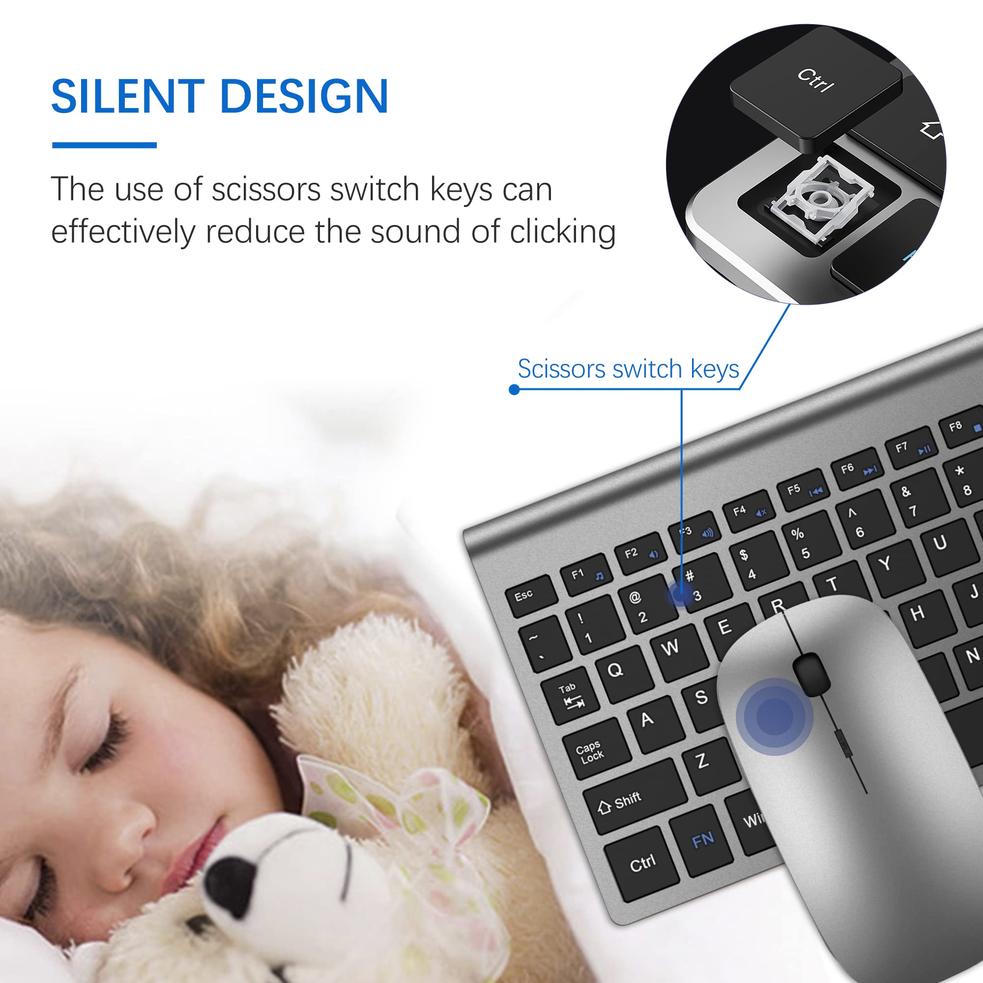 Topmate Wireless Keyboard And Mouse Ultra Slim Combo, 2.4G Silent Compact Usb Mouse And Scissor Switch Keyboard Set With Cover,