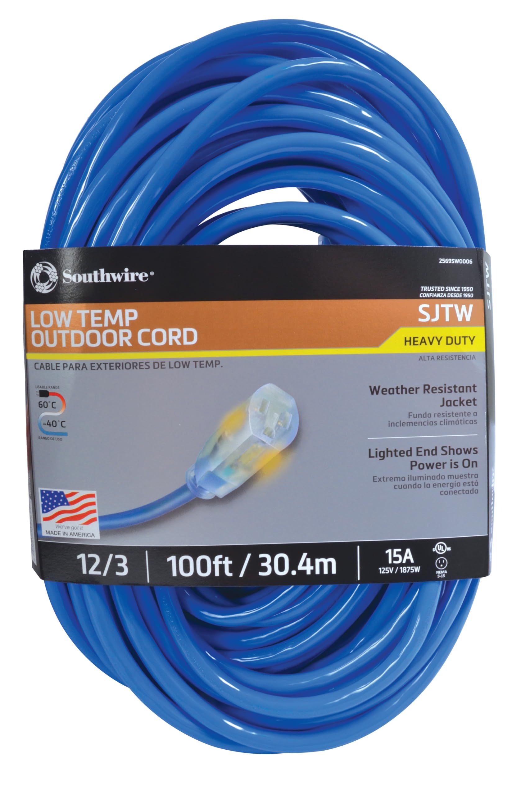 Southwire Coldflex 12/3 Heavy Duty Extension Cord, 100Ft, Cold Weather Cord, Sjtw, Blue, 2569