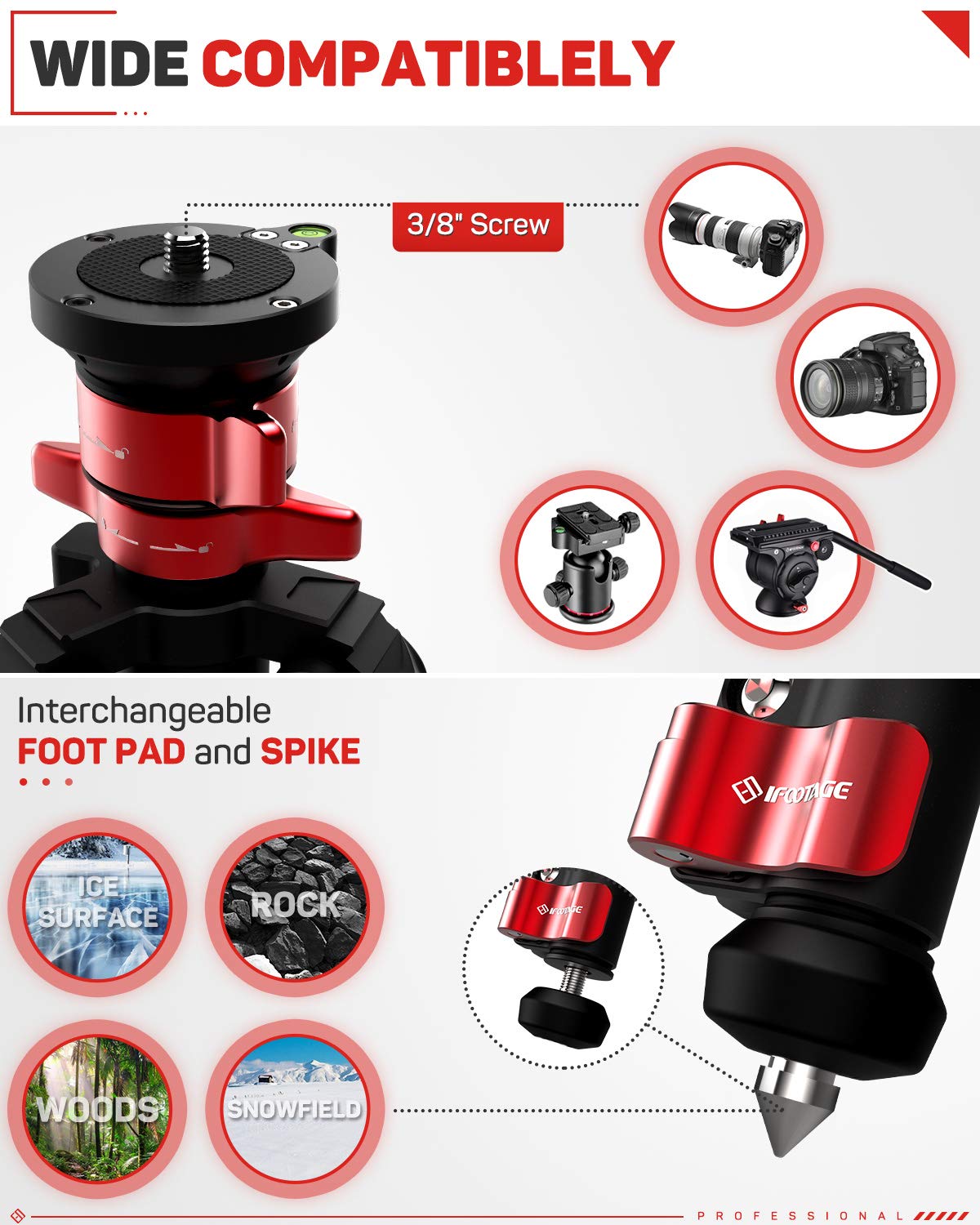 Ifootage 65'' Aluminum Camera Tripod, Professional Video Tripod 3 Sections With Centre Pole, Compatible With Canon, Nikon, Sony