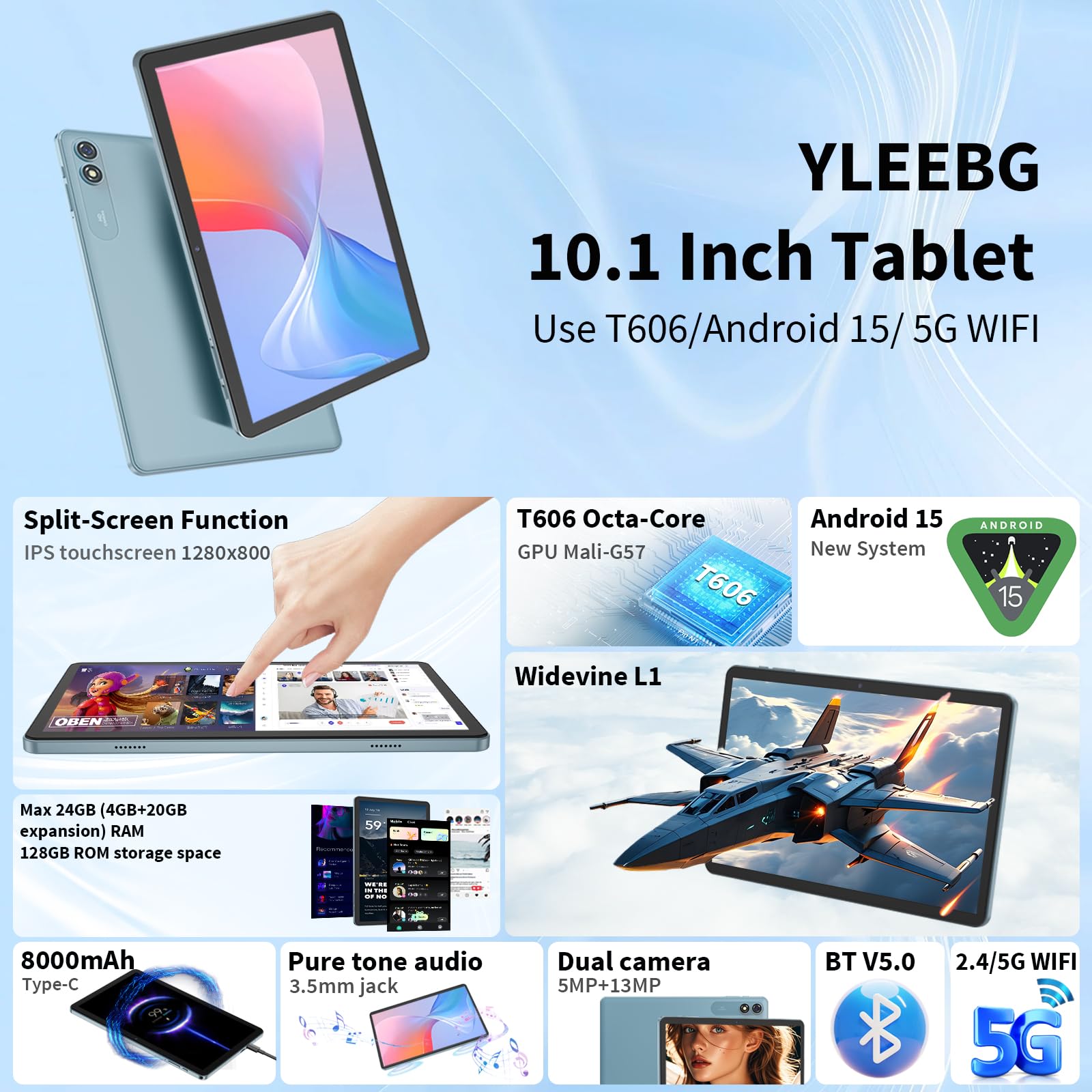 Android Tablet With Keyboard,10 Inch Android 15 Tablet, 24Gb Ram 128Gb Rom, 1Tb Expand, Octa Core, Widevine L1, 2.4G/5G Wifi, 80