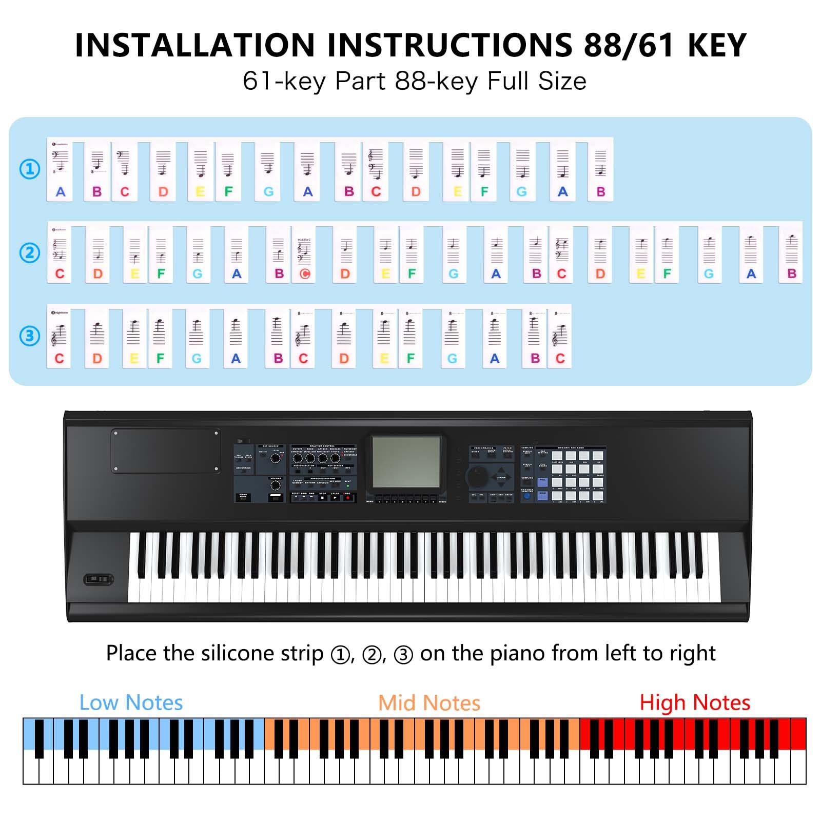 Removable Piano Keyboard Note Labels, Silicone Piano Keyboard Stickers Guide For Beginners, 88 Keys Full Size, No Need Stickers,