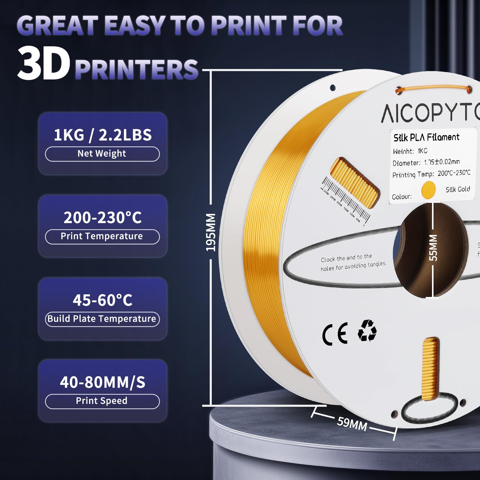 Aicopyto Silk Gold Pla Filament 1.75Mm, Clog-Free Shiny 3D Printer Gold Filament 1Kg Spool (2.2Lbs) Dimensional Accuracy Probabi