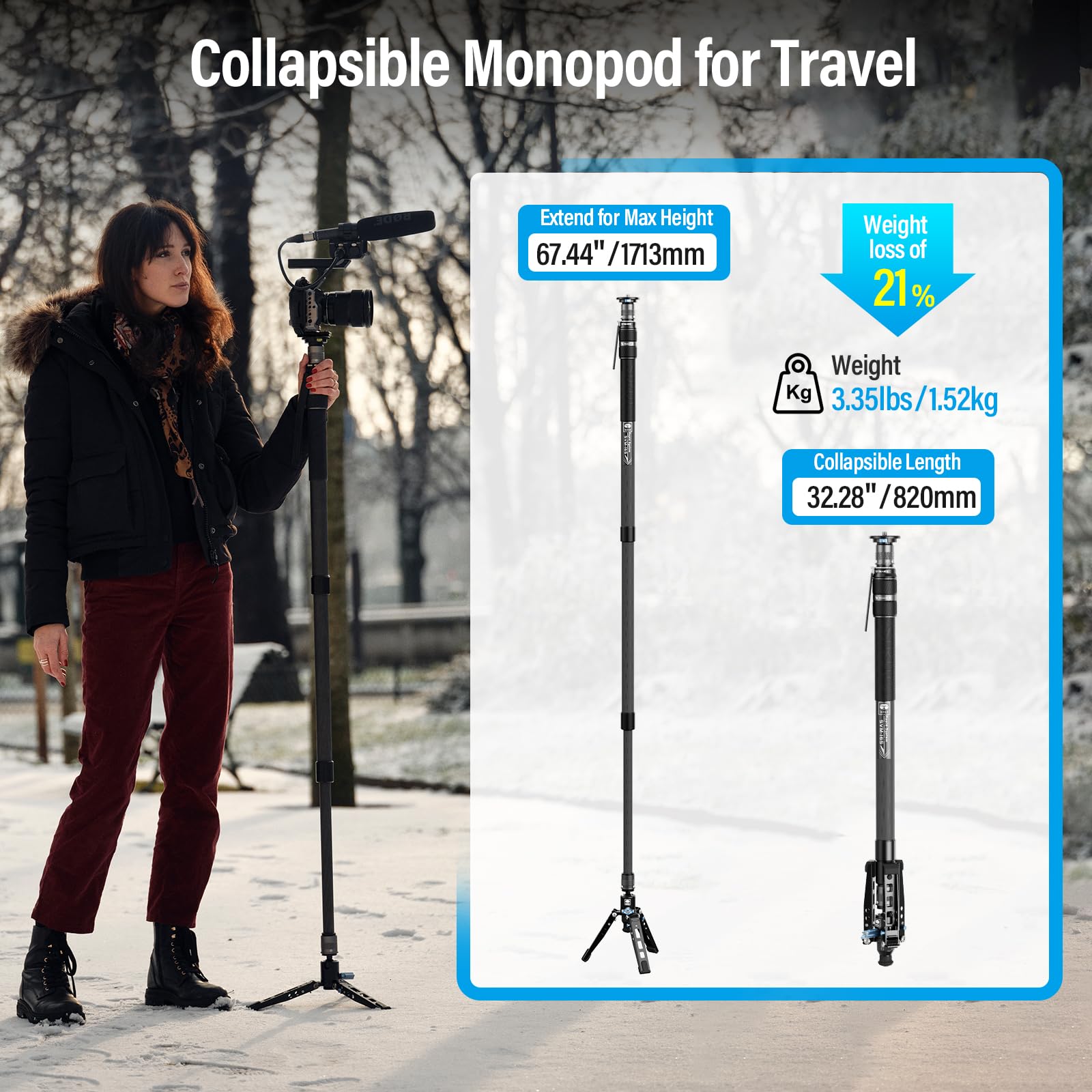 Sirui Svm 165 Rapid Monopod For Cameras, 65    Carbon Fiber Monopod With Feet, One Step Rapid Height Adjustment, Lightweight Tra