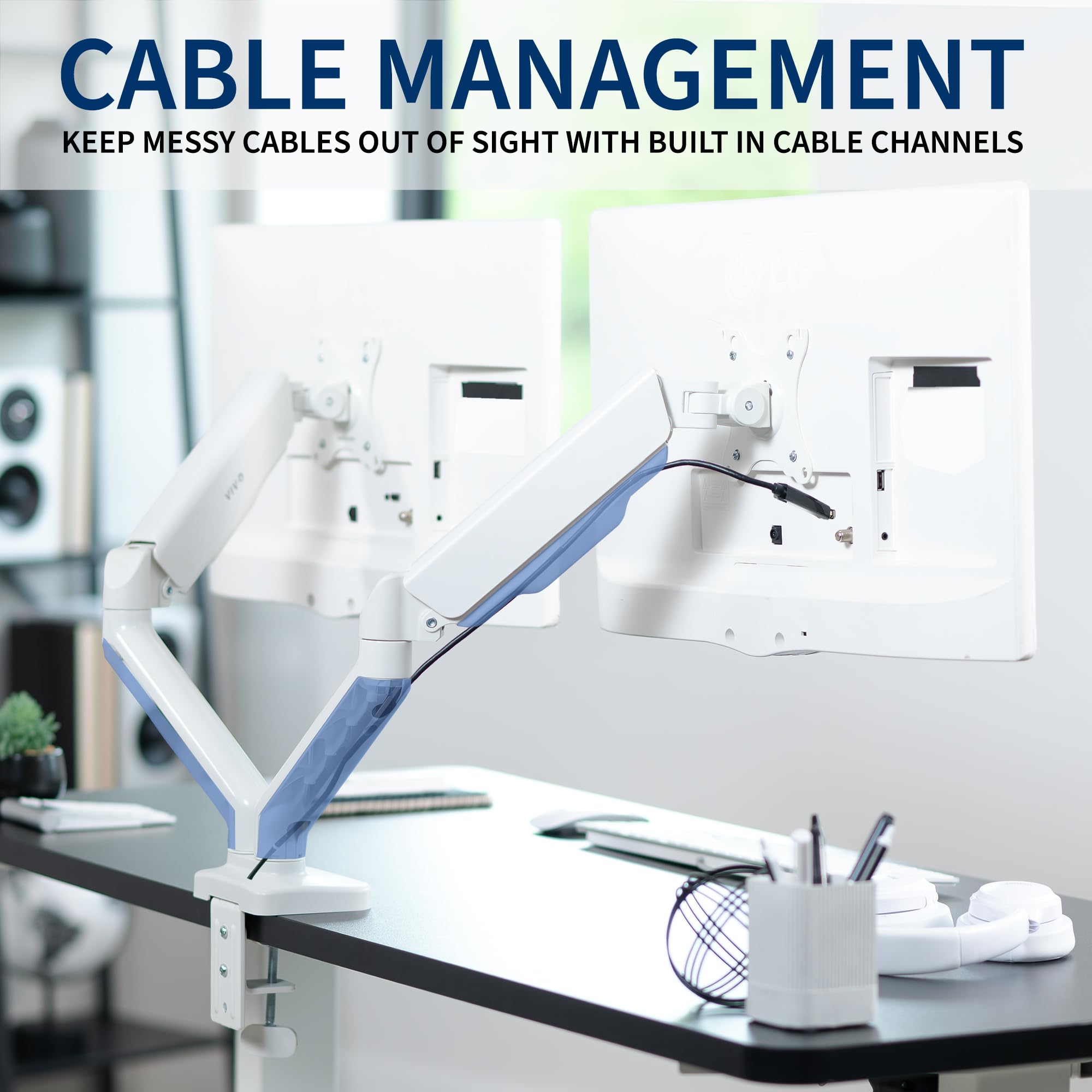 VIVO Dual Monitor up to 32 inches and 19.8 lbs per Screen, Mechanical Arm Desk Mount, Articulating Counterbalance, VESA Stand, Classic, White STAND V002OW