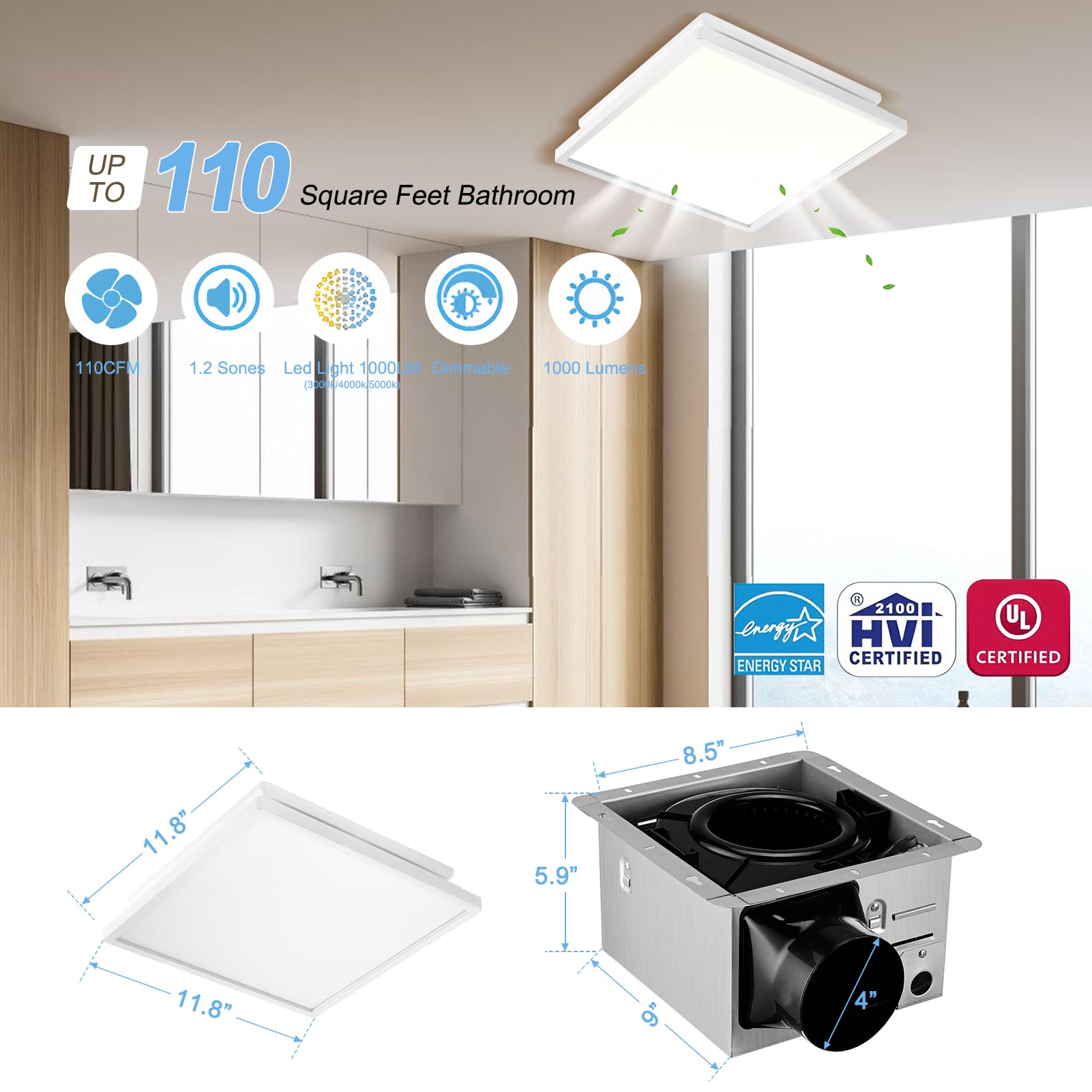 Tech Drive Bathroom Exhaust Fan With Light, 110 Cfm, Super Quiet 1.2 Sone Bathroom Fan With Light,1000Lm Dimmable 3Cct Led Light