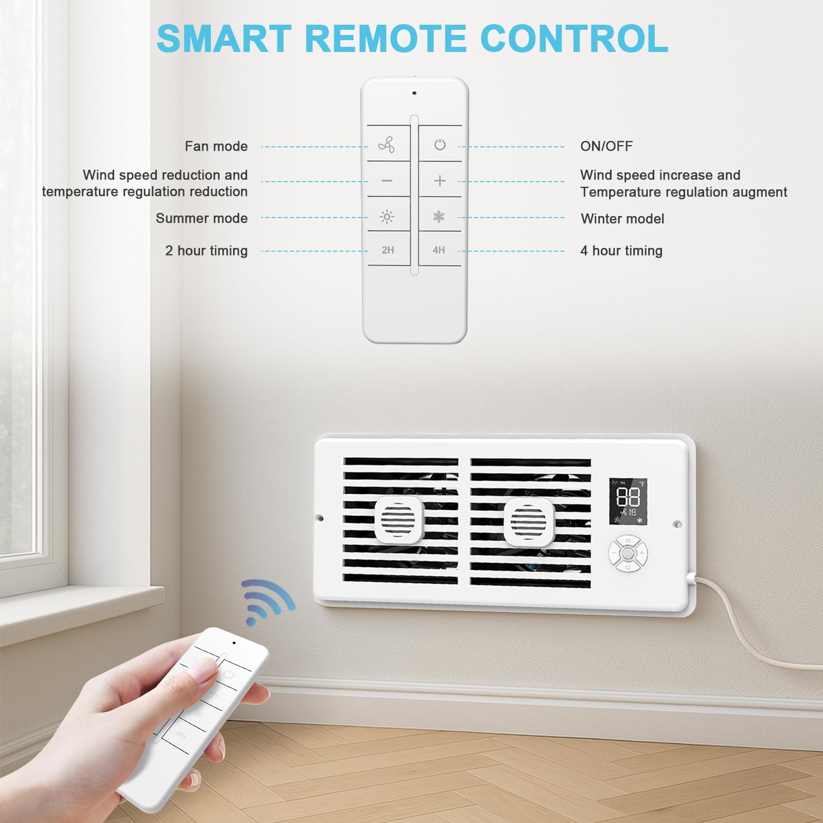 Register Booster Fan For 4 X 12 Vents Only,10 Speeds To Control Cool & Warm Airflow, Air Conditioning Vents With Led Screen Remo