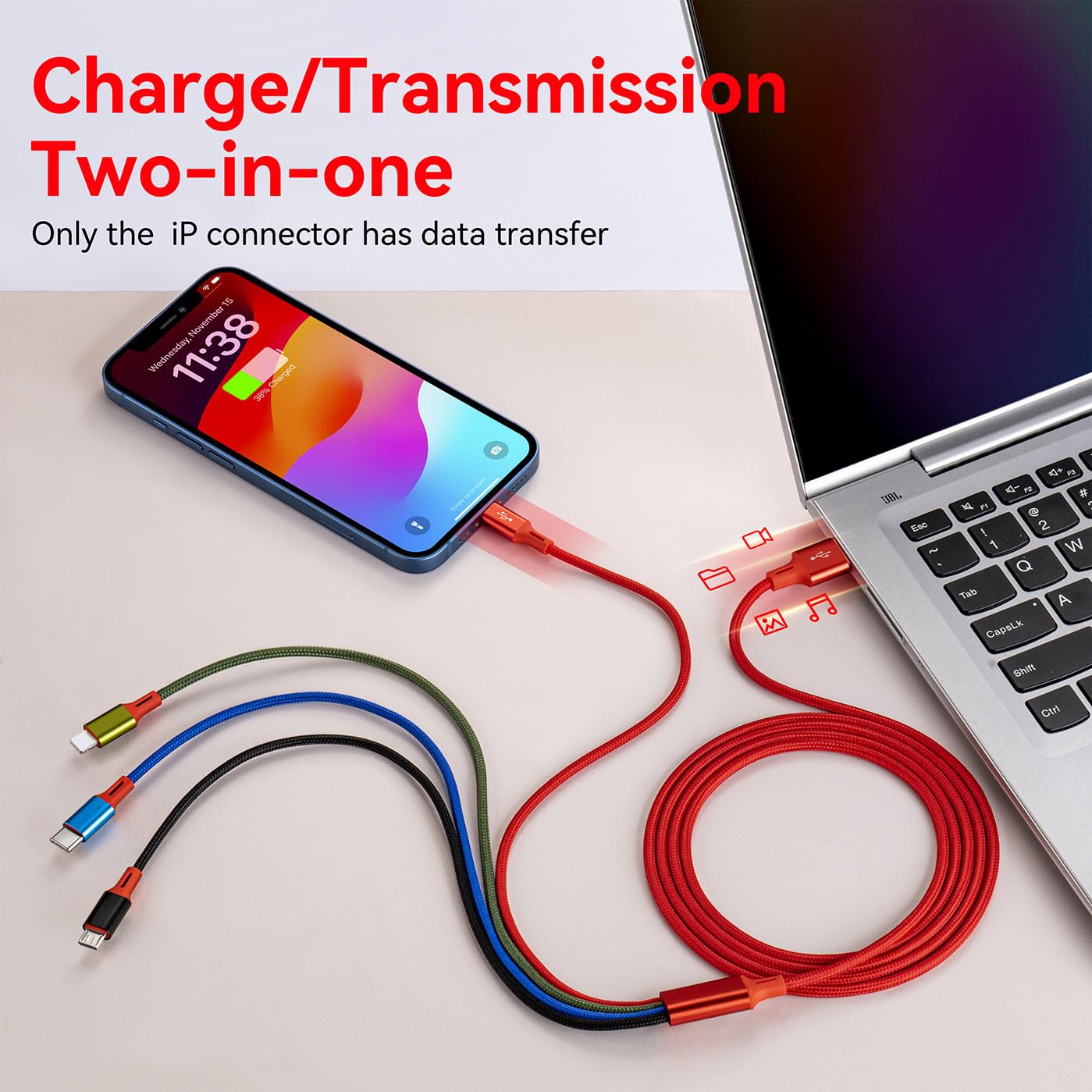 Multi Usb Charging Cable 4A, 4 In 1 Braided Charging Cord, Multi Charger Cord, Multiple Usb Cable With Ip/Usb C/Micro Ports Adap