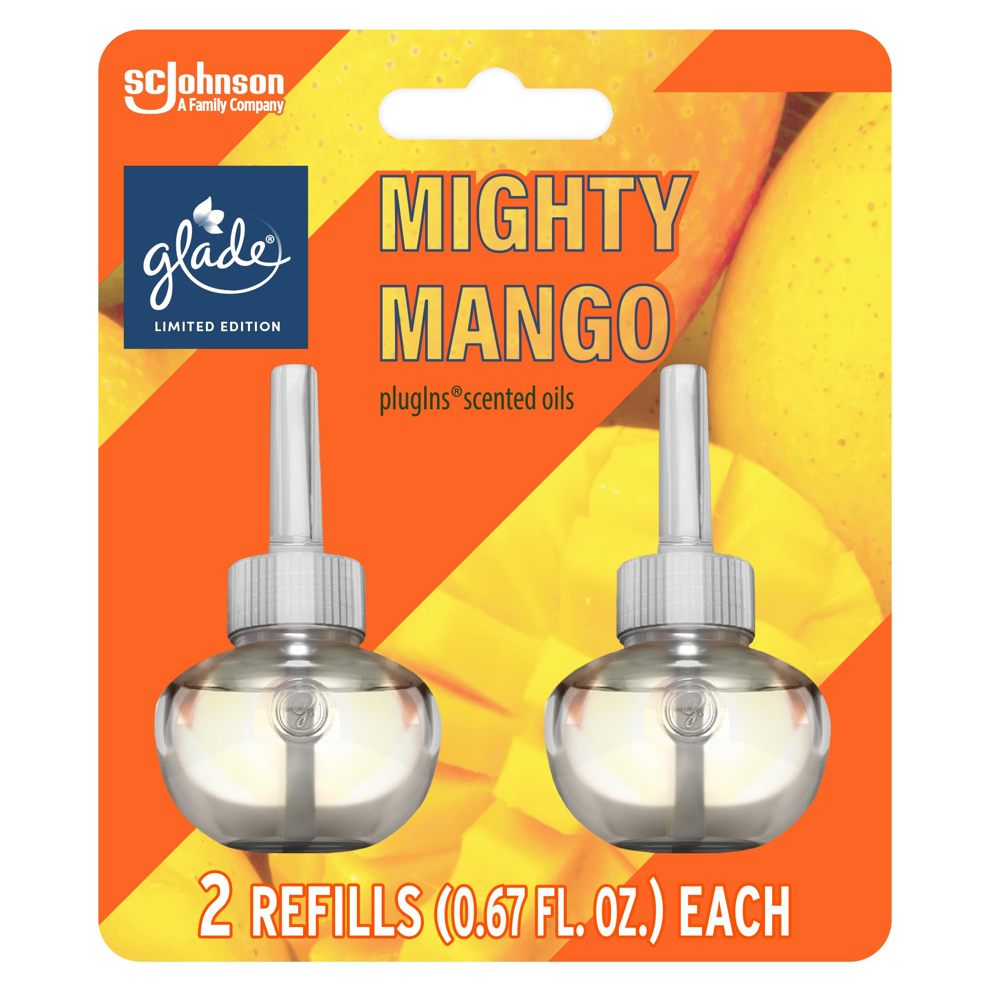 Glade Plugins Refills Air Freshener, Mighty Mango, Scented And Essential Oils For Home And Bathroom, 0.67 Fl Oz, 2 Count