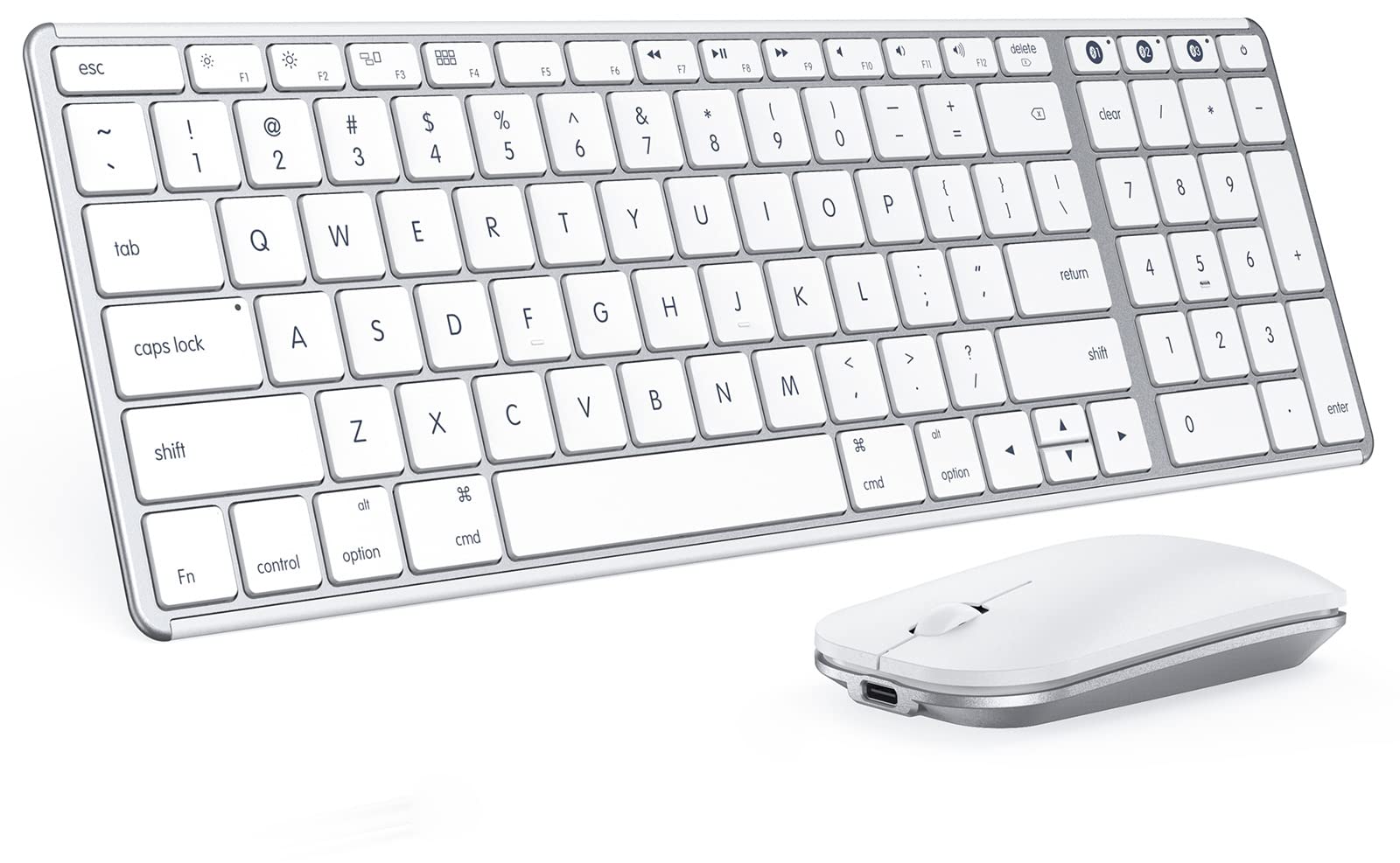 Wireless Bluetooth Keyboard And Mouse For Mac, Multi Device Rechargeable Keyboard And Mouse Stainless Steel Full Size, Compatible With Macbook Pro/Air, Ipad, Imac   White Silver