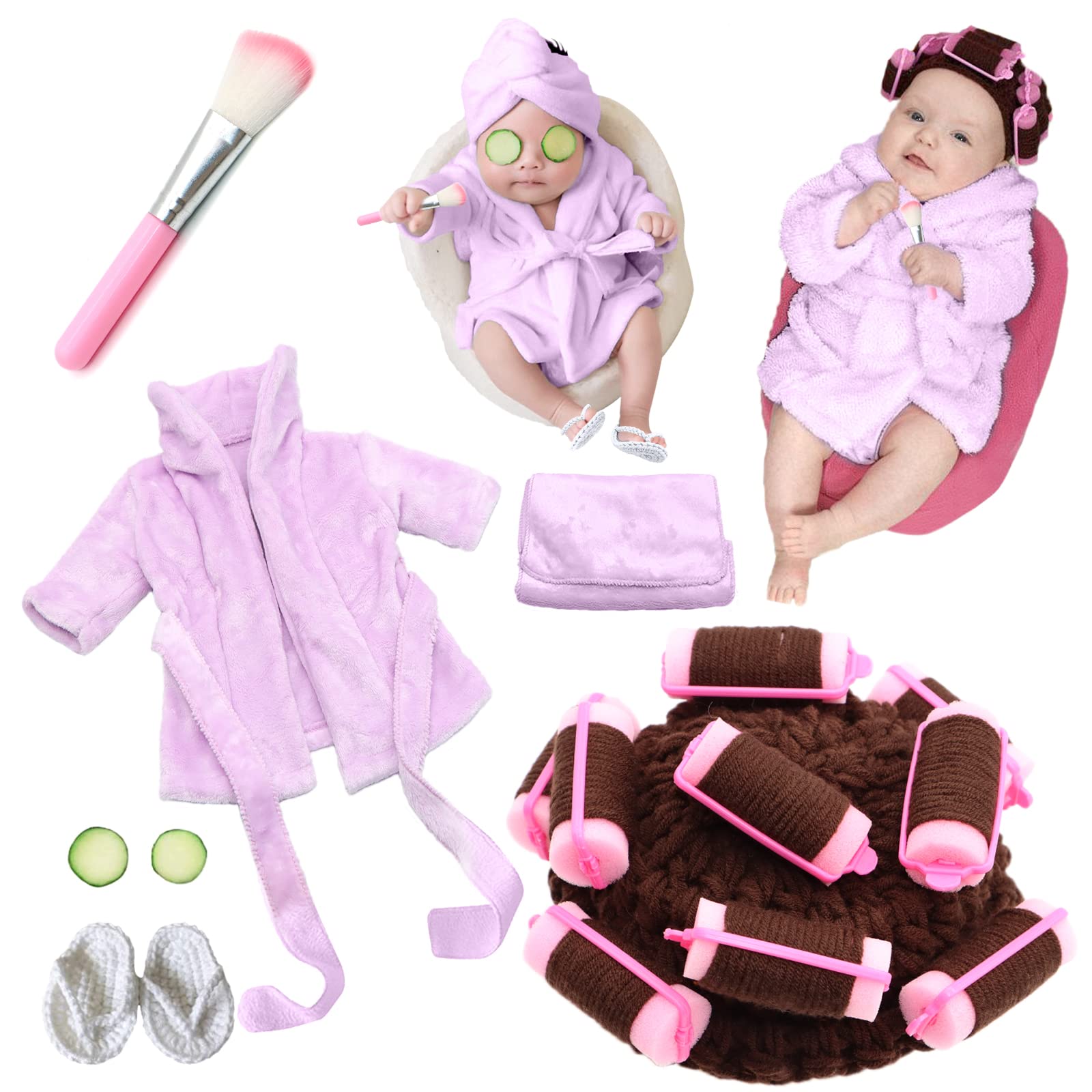 Spokki Newborn Photography Props Newborn Girl Photoshoot Outfits Crochet Baby Curler Hat With Makeup Brush For Infant Boys Girls