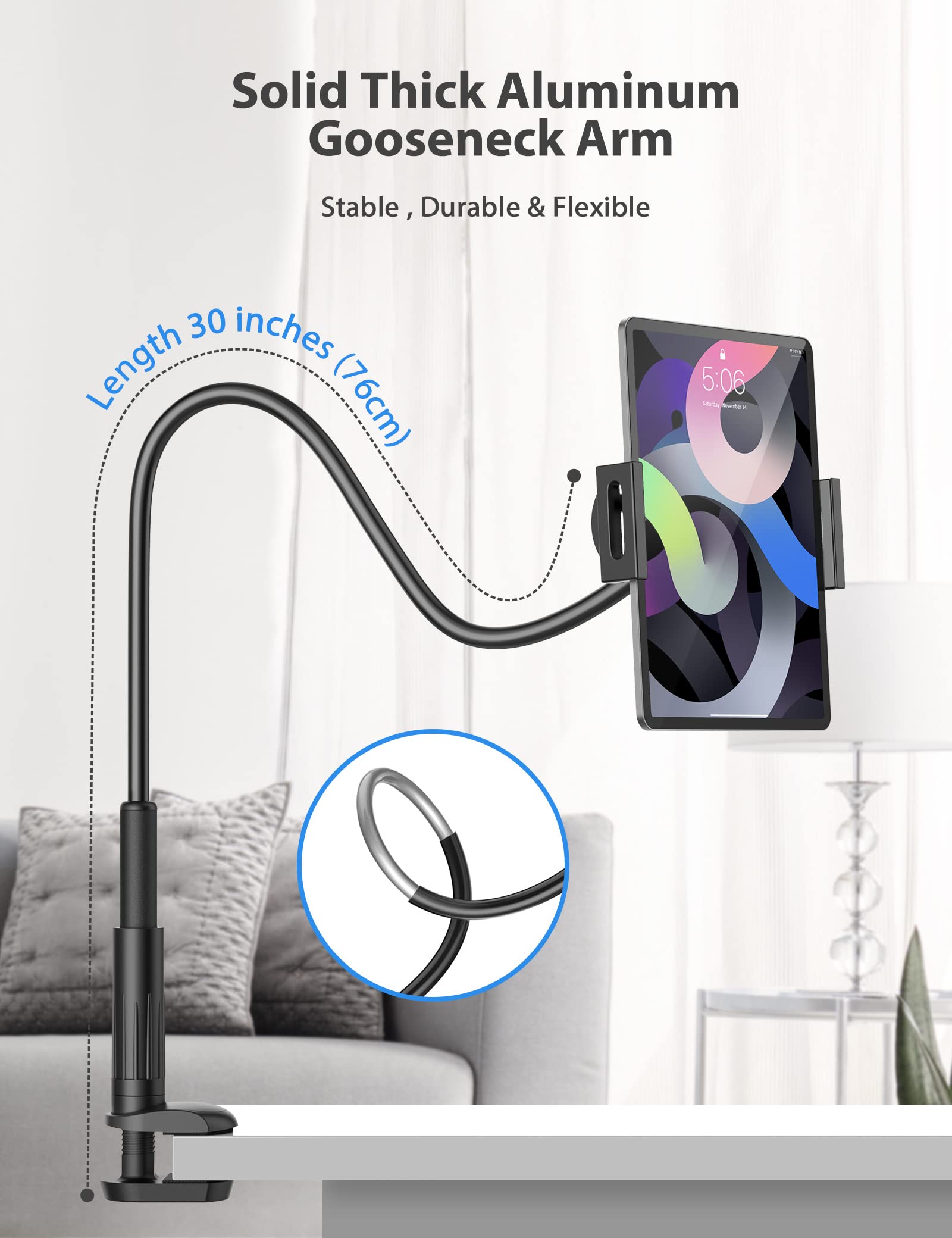 Tablet Stand Holder For Bed, Gooseneck Mount With Adjustable Flexible Arm Compatible With Ipad Air Pro Mini, Samsung Tab, Ninten