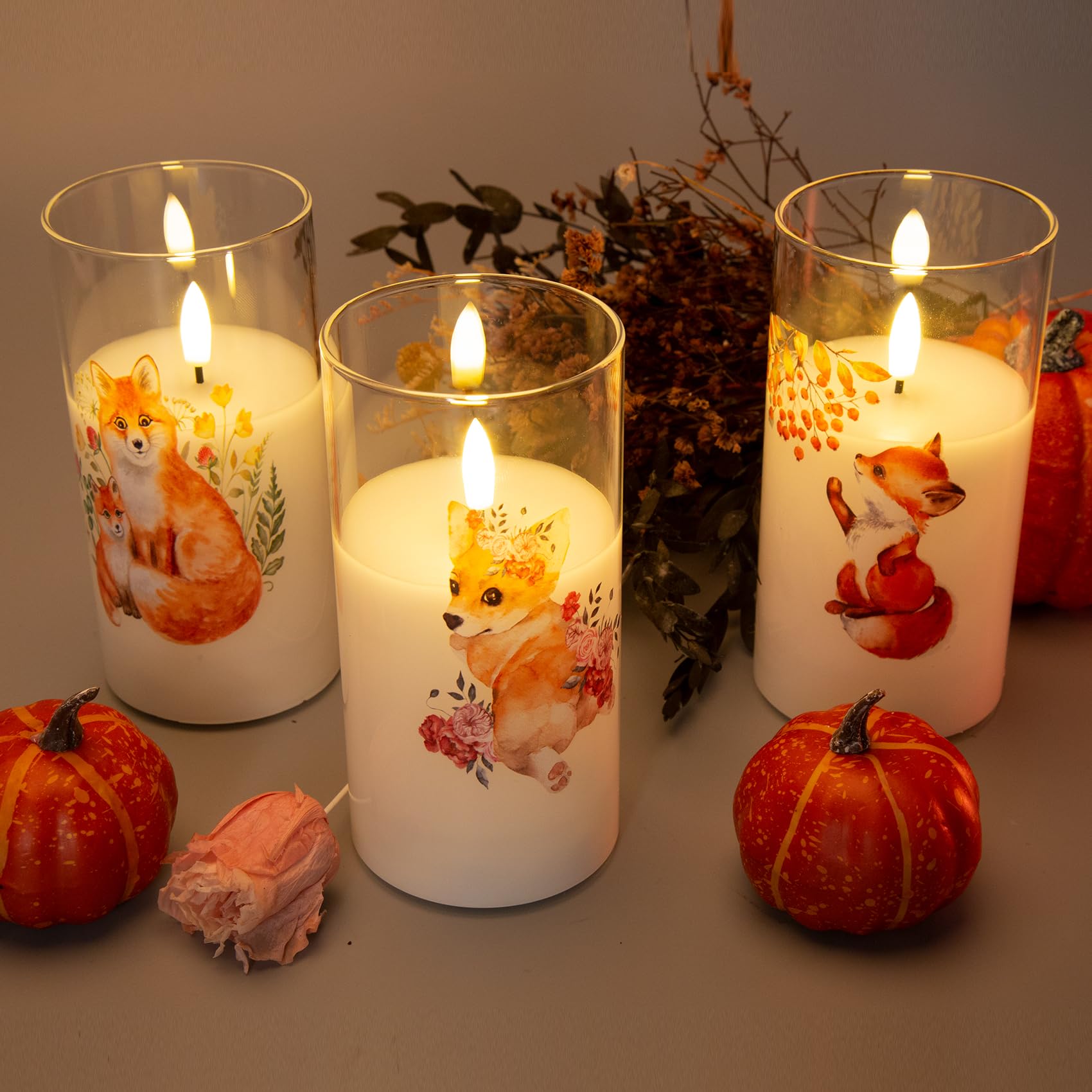Eywamage Fox Puppy Flameless Candles In Glass Jars, Flickering Battery Led Pillar Candles With Remote Set Of 3