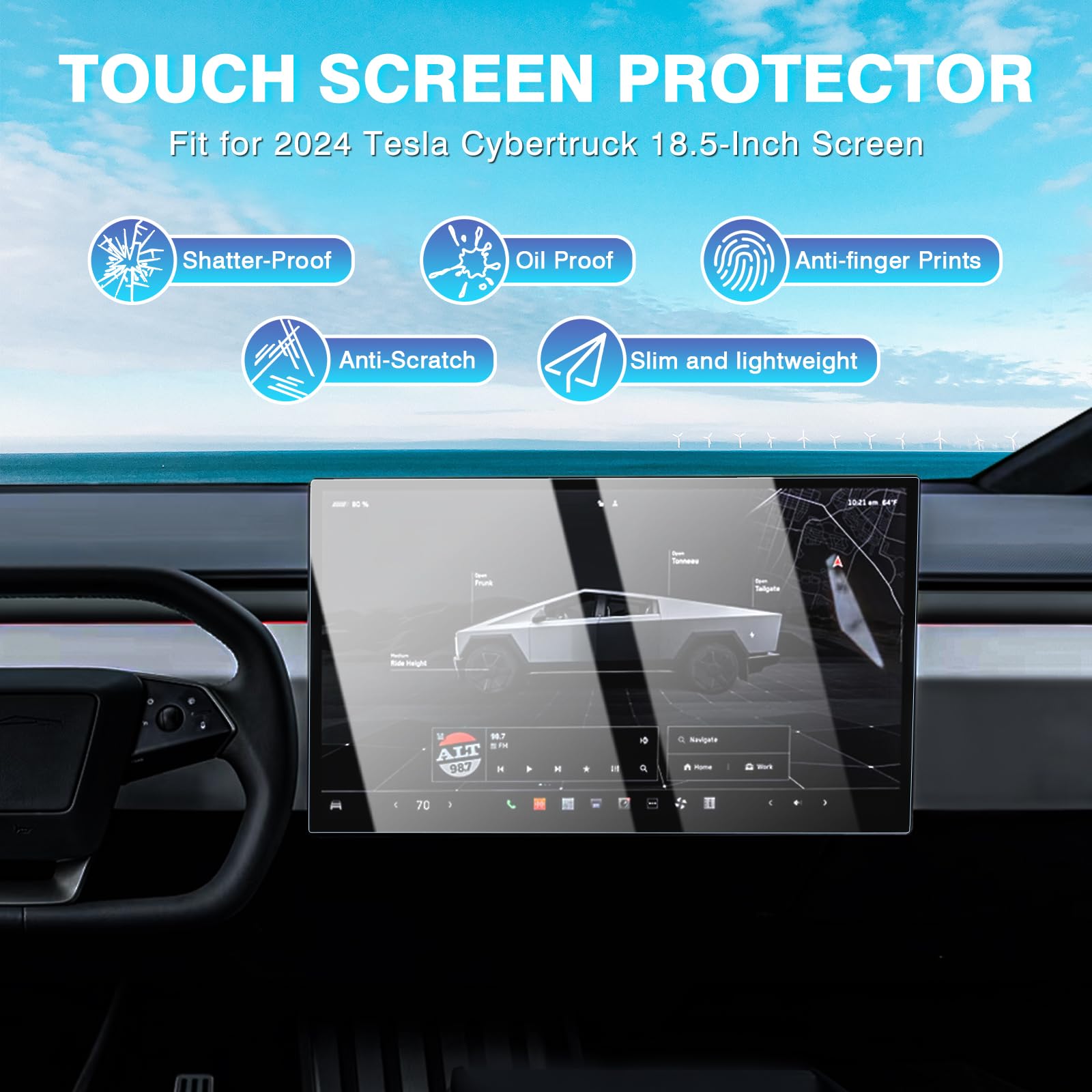 Karltys For 2 Pack 2024 2025 Tesla Cybertruck Screen Protector Anti Glare, Touchscreen Tempered Glass Protector For 2024 Cybertruck Accessories 18.5 Inch Dashboard Protective Film Hd Anti Scratch