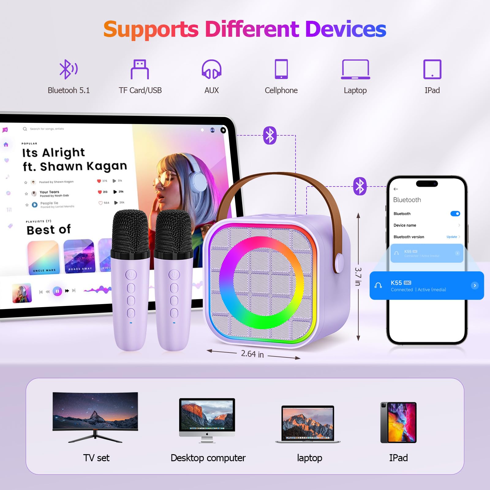 Ylyycc Mini Karaoke Machine With 2 Wireless Microphone, Portable Purple Bluetooth Speaker For Kids, Birthday Teen Toys Gifts Ide