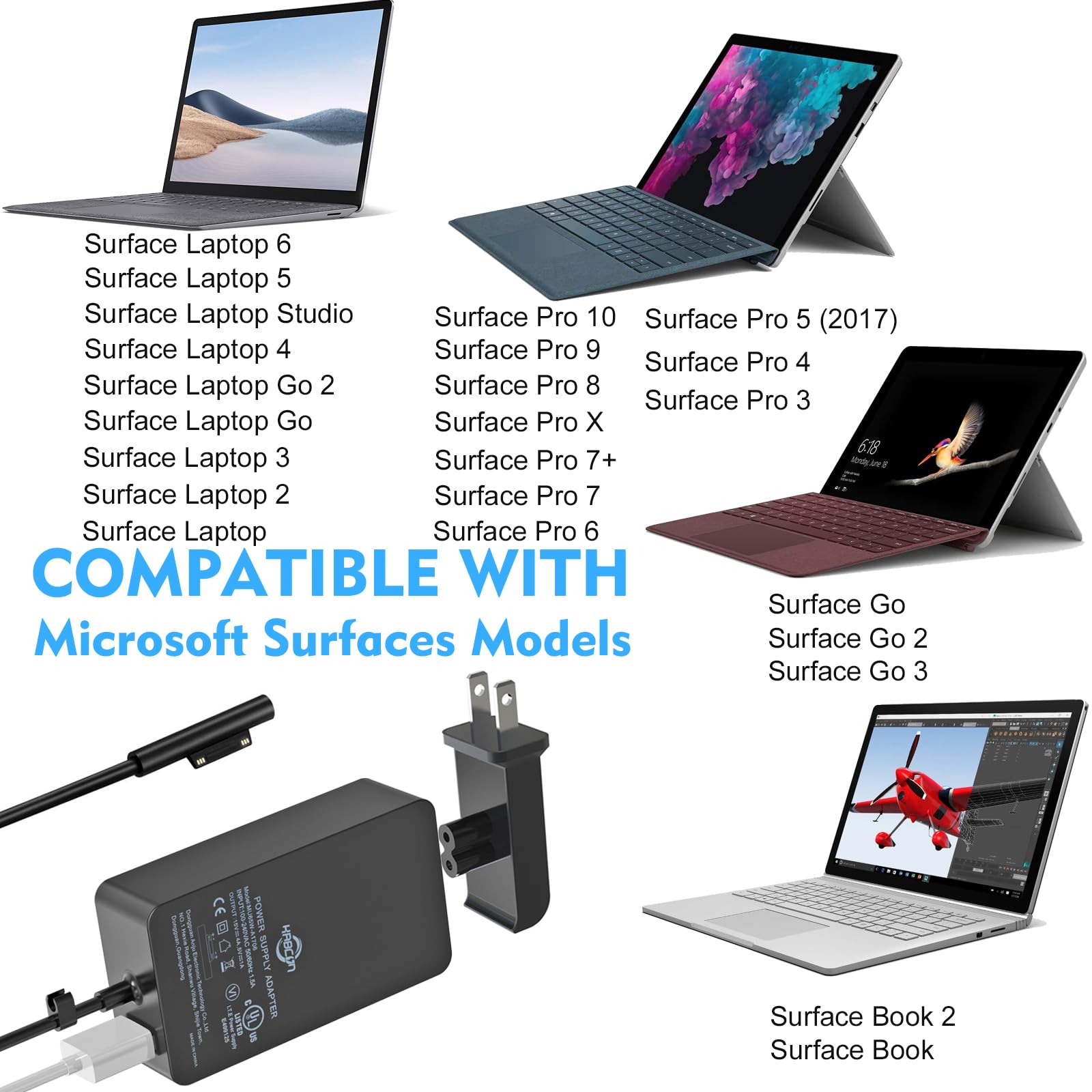 65W Surface Pro Laptop Charger For Microsoft Surface Pro 10 9 8 7+ X 7 6 5 4 3, Windows Surface Laptop 7 6 5 Studio 4 Go 3 2, Surface Go 2 3, Surface Book 2 1, Support 44W 36W, 10.1Ft Cord&Travel Case