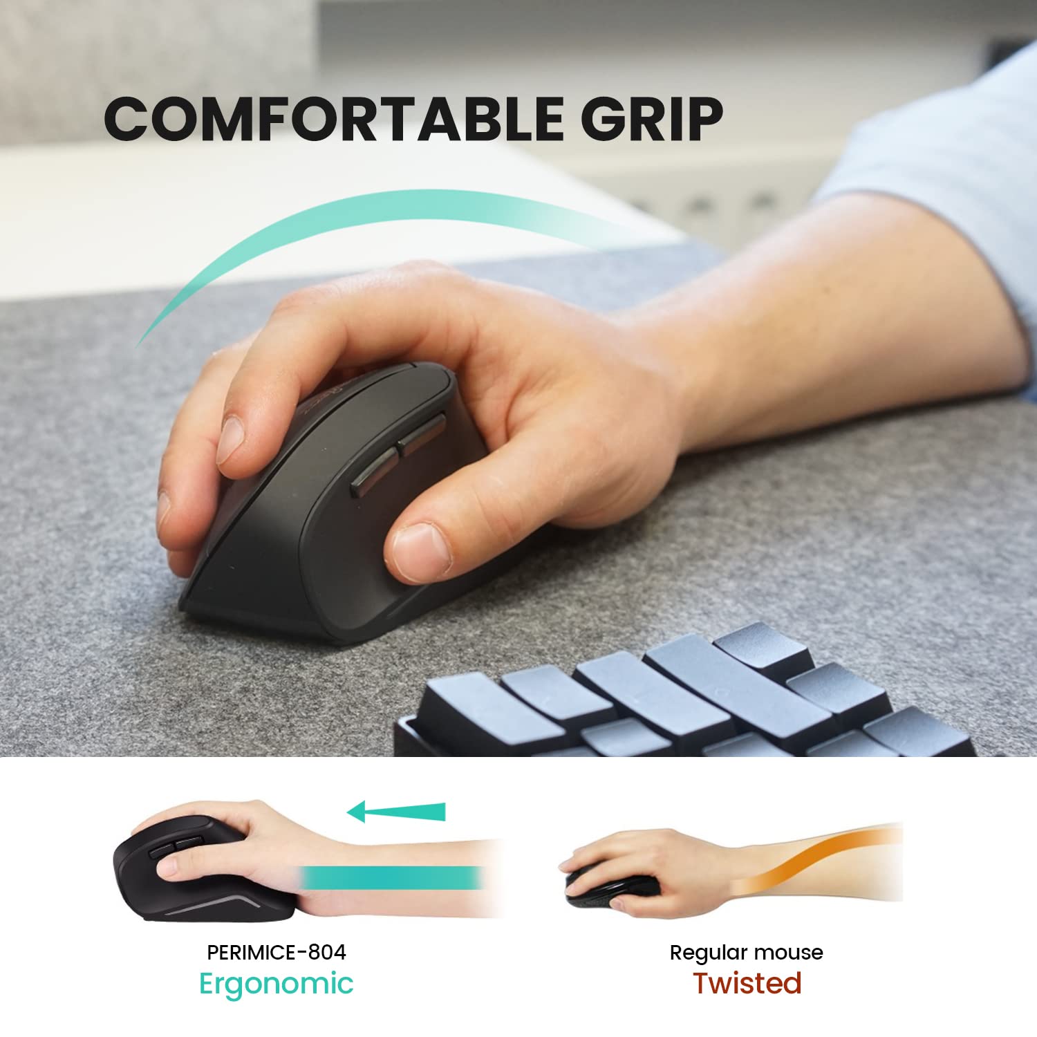 Perixx Perimice 804 Bluetooth Vertical Mouse, Bluetooth Connection For Windows And Android System, Works Without Usb Receiver, B