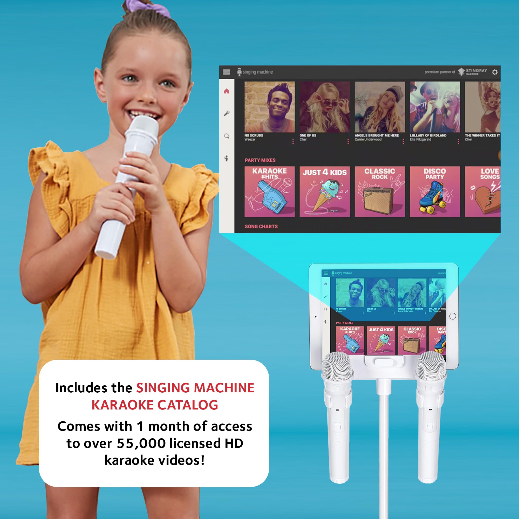 Singing Machine Portable Karaoke System - 150W Bluetooth Speaker with 2 Wireless Microphones, LED Lights, White, Model ISM2040