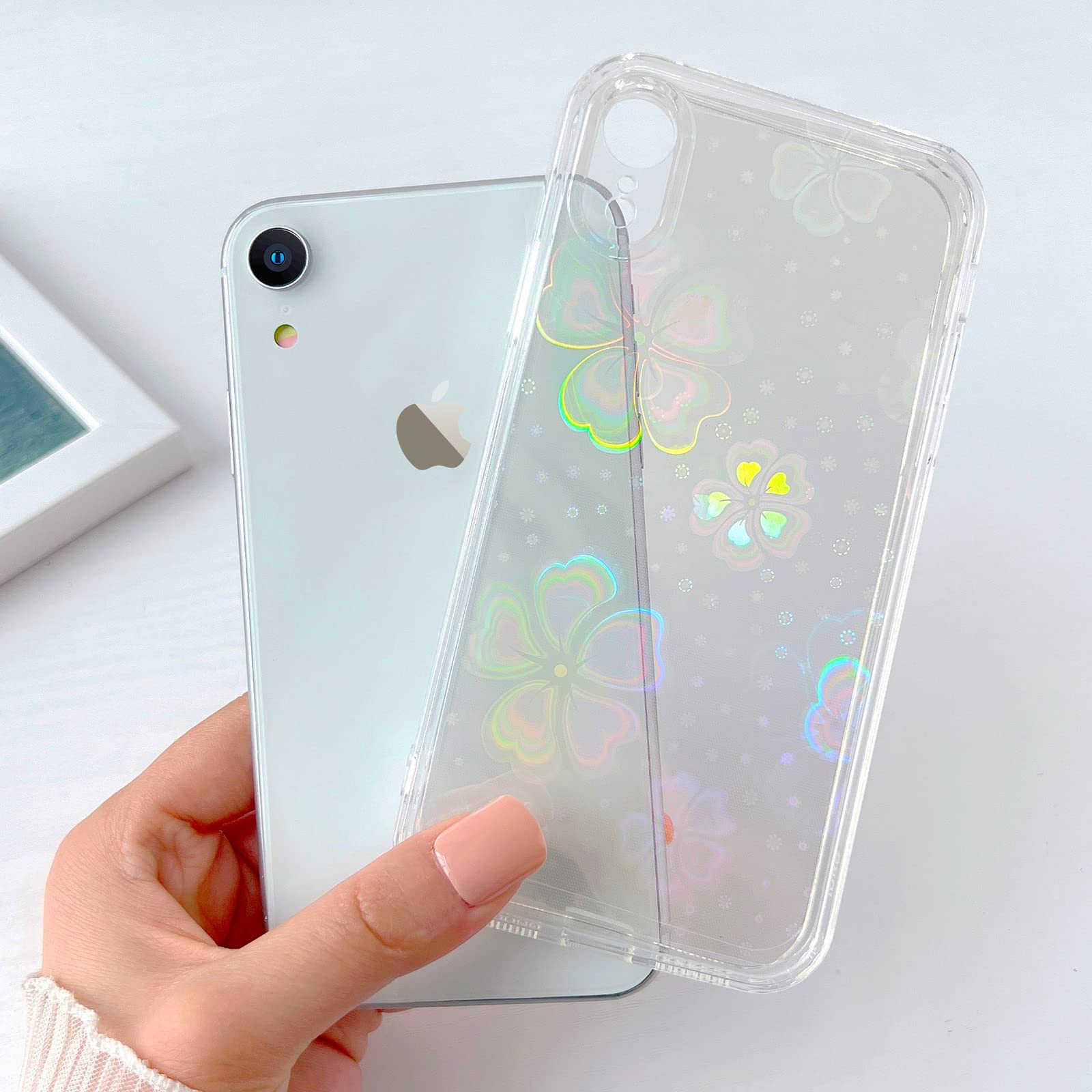 Urarssa iPhone XR Case Clear Laser Bling Glitter Flower Pattern Soft TPU Shockproof