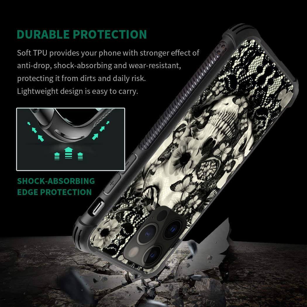 ZHEGAILIAN iPhone 14 Pro Phone Case Victorian Gothic Lace Skull Tempered Glass Back Soft TPU Shock Protective