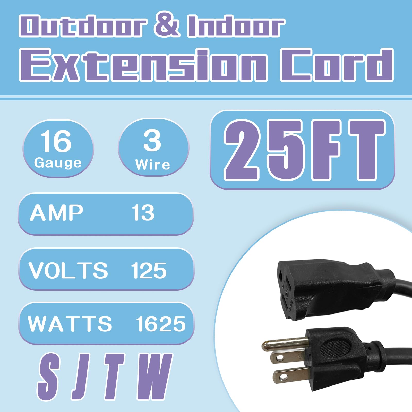 Greatide Indoor Outdoor Extension Cord 25 Ft, 16/3 Sjtw Weatherproof Black Electrical Cords, 13 Amp Heavy Duty 3 Prong Power Cab