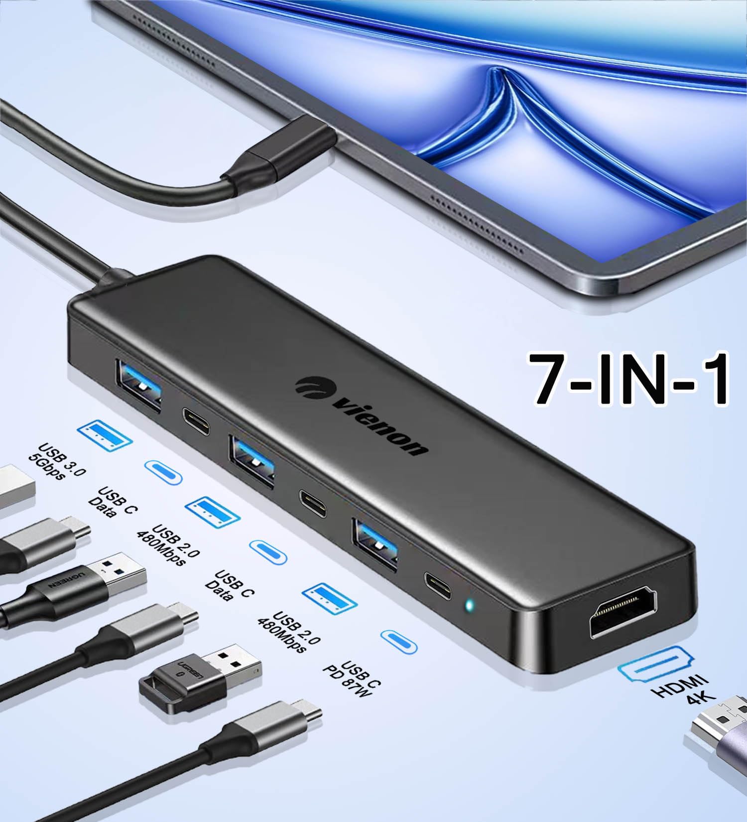 Usb C Hub, 7 In 1 Usb C To Hdmi Adapter With Hdmi 4K, Pd 87W, Usb 3.0, Usb 2.0, Usb C Data Ports, Usb C Docking Station For Iphone 15, Macbook Air/Pro/Mac/Dell/Acer/Hp/Asus/Steam Deck/Rog Ally