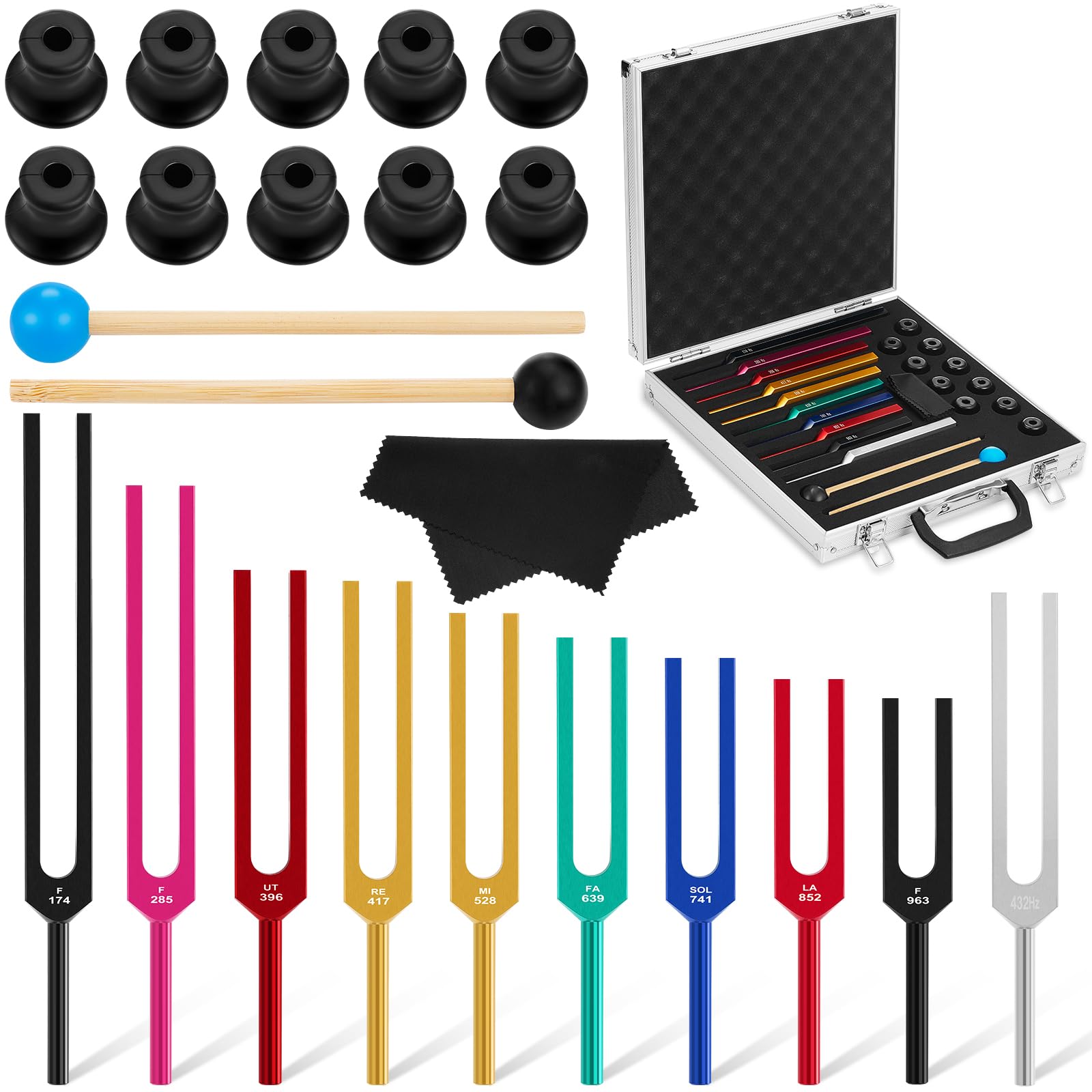 Fiada Tuning Fork Set Chakra Tuning Fork Multiple Hz Tuning Forks For Healing With Aluminum Box, Tuning Fork Hammer And Cleaning