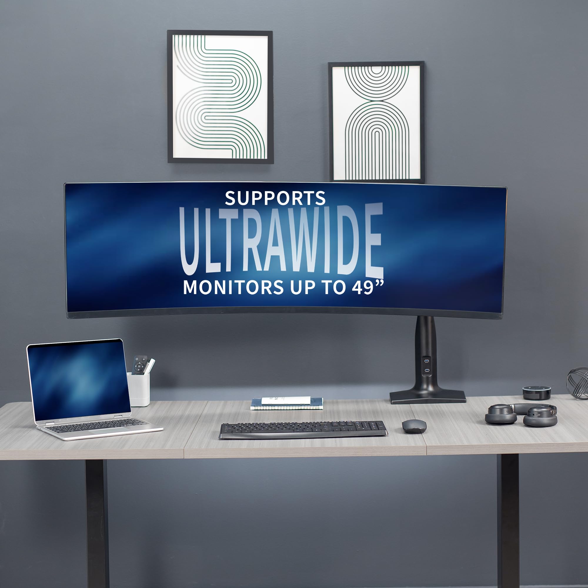 VIVO Aluminum Ultrawide Monitor Stand, Classic + USB, Fits up to 49 inch Screens, Single Articulating Pneumatic Arm, USB Ports, C Clamp and Grommet Desk Mount, Max VESA 200x100, Black, STAND V100HU