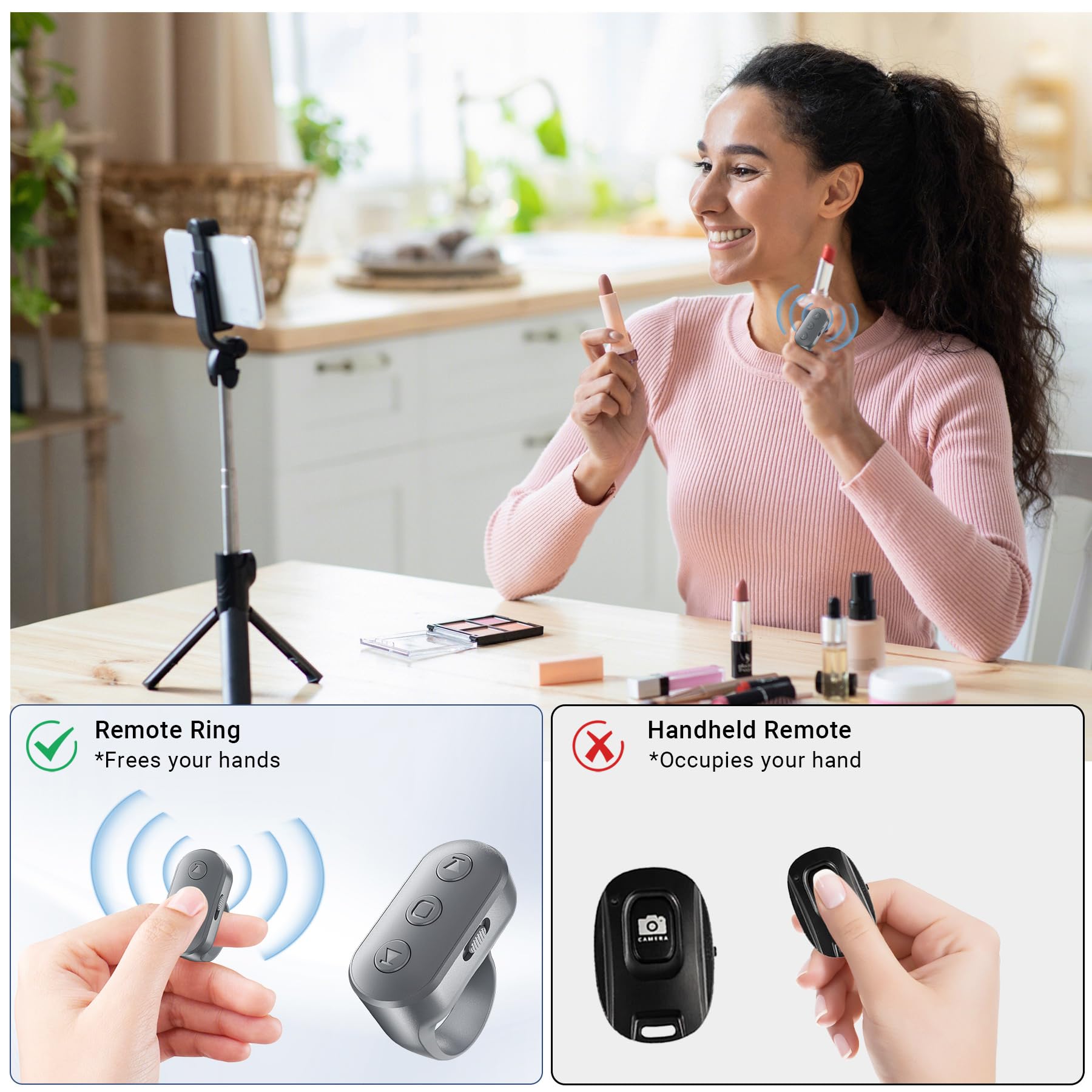 Phone Camera Ring Remote Control With Zoom In/Out, Rechargeable Shutter With Front/Rear Camera Switch For Iphone Android Ipad, H
