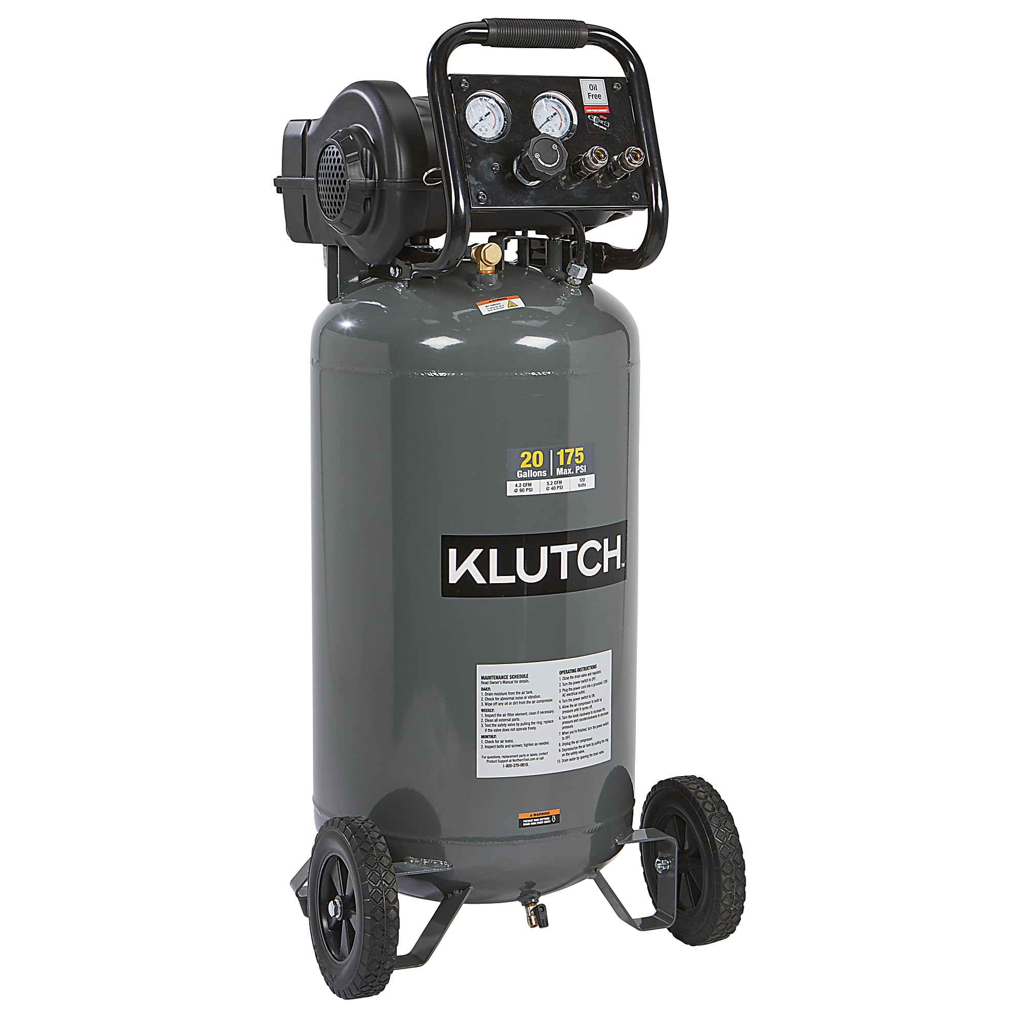 Klutch Portable Air Compressor, Workshop Air Compressor With Oil Less Pump, 2 Hp Motor, Thermal Overload Protection, Rubber Foot