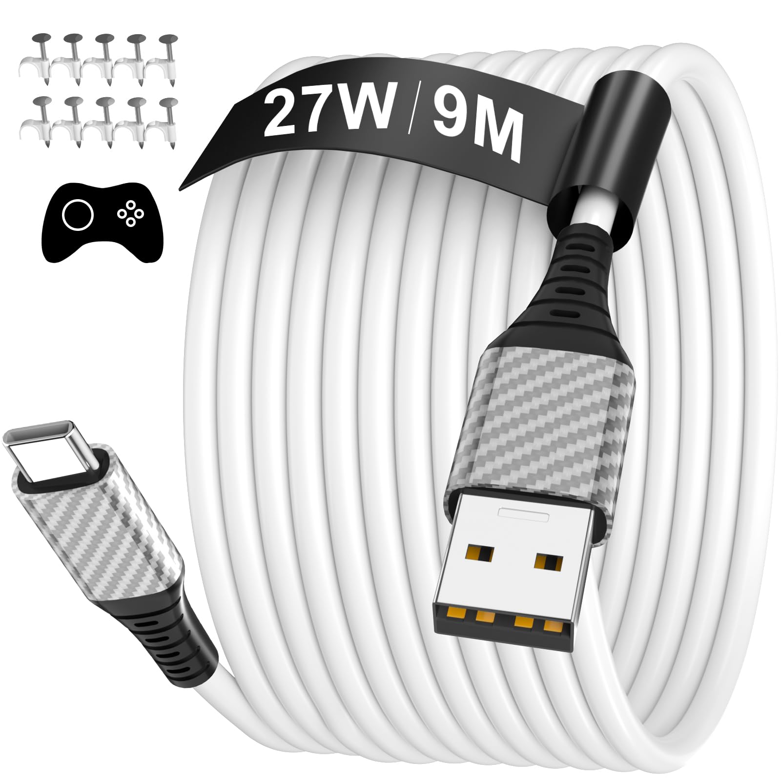 AIAUXAI USB to USB C Charging Cable 30ft Long Power Extension Cable,White