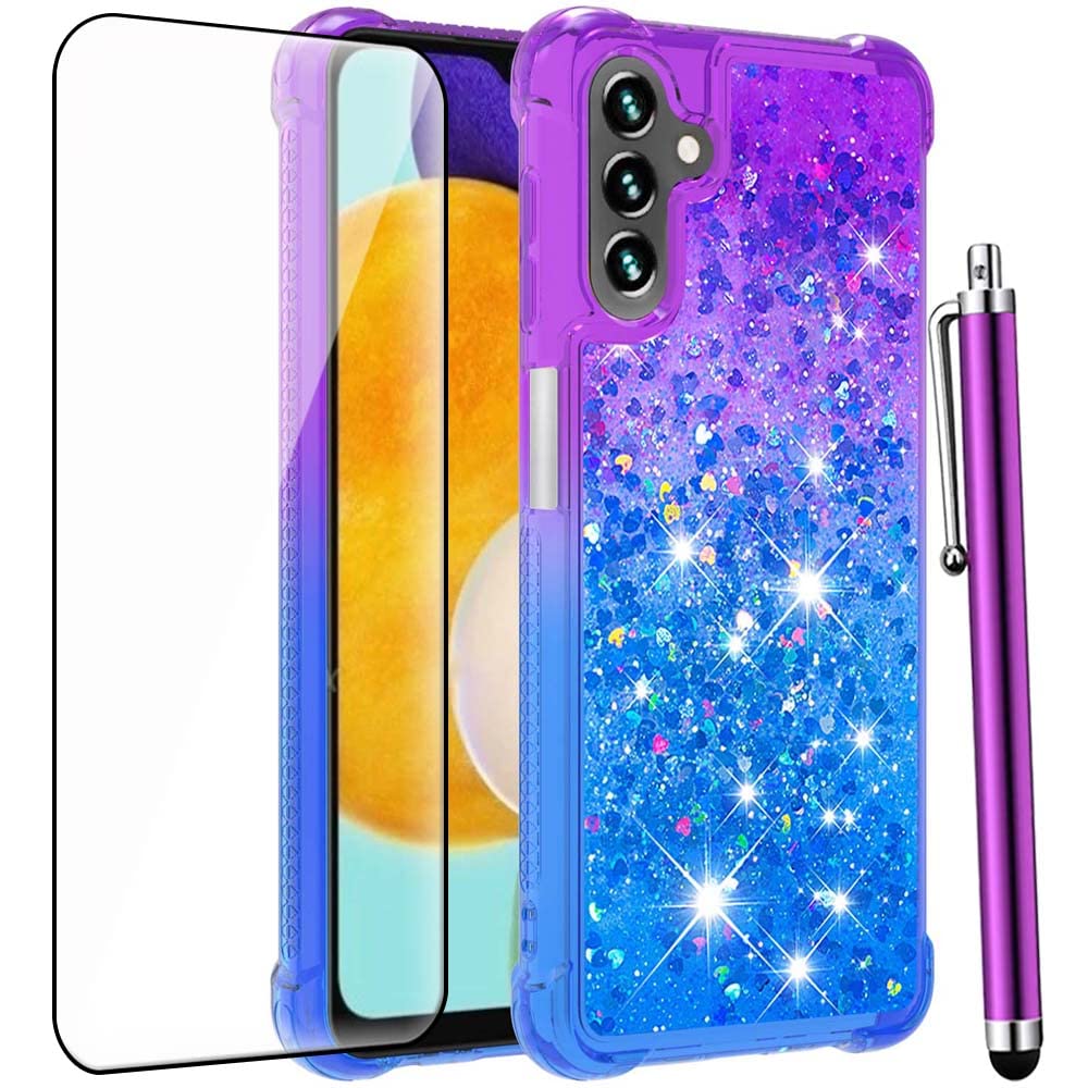 Caiyunl For Samsung Galaxy A14 5G Phone Case With Screen Protector, Women Girls Cute Glitter Bling Floating Liquid Soft Tpu Girl