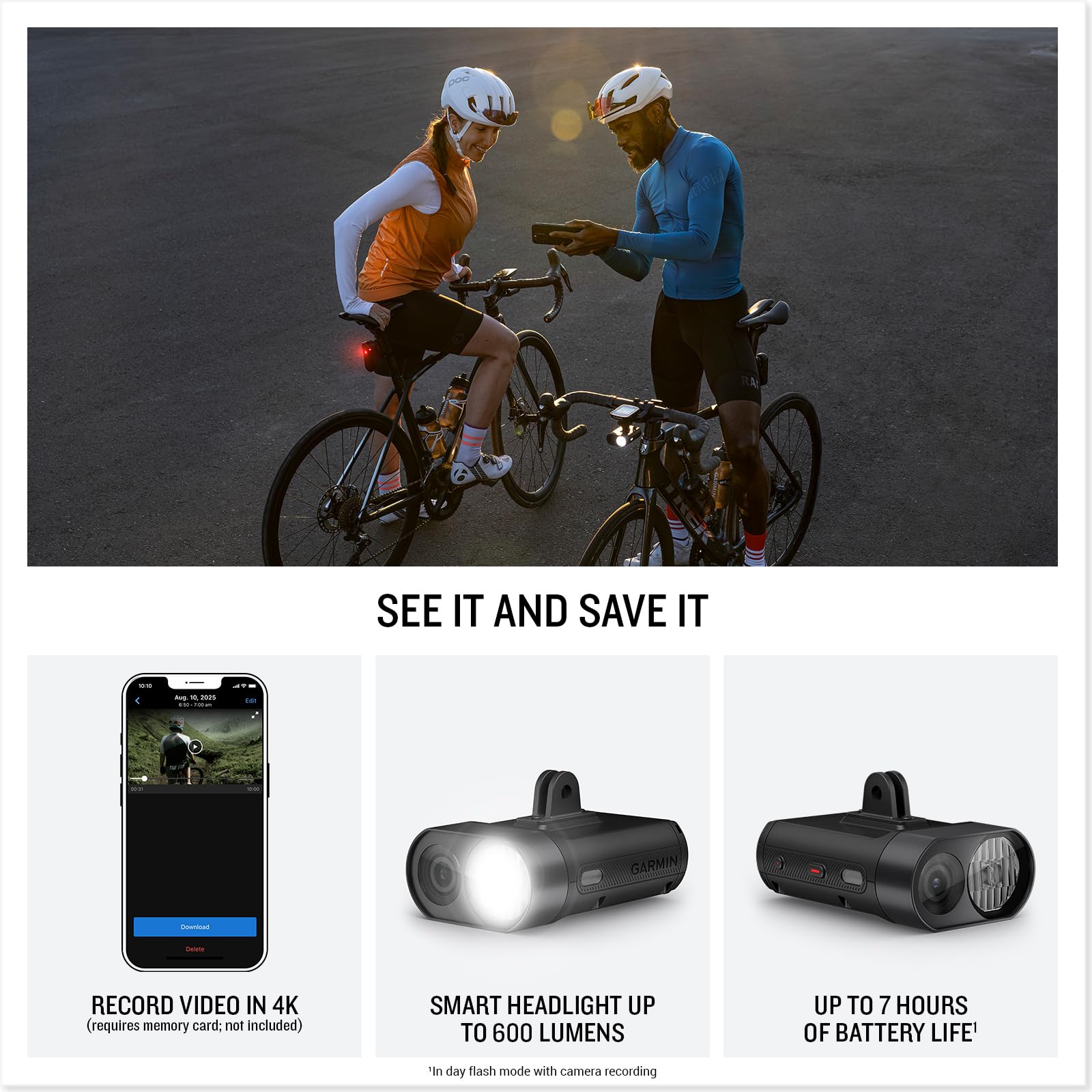 Garmin Varia Vue Headlight Bicycle Camera 4K Video Recording, 600-Lumen Smart Bike Light, Auto Brightness, Incident Detection, L