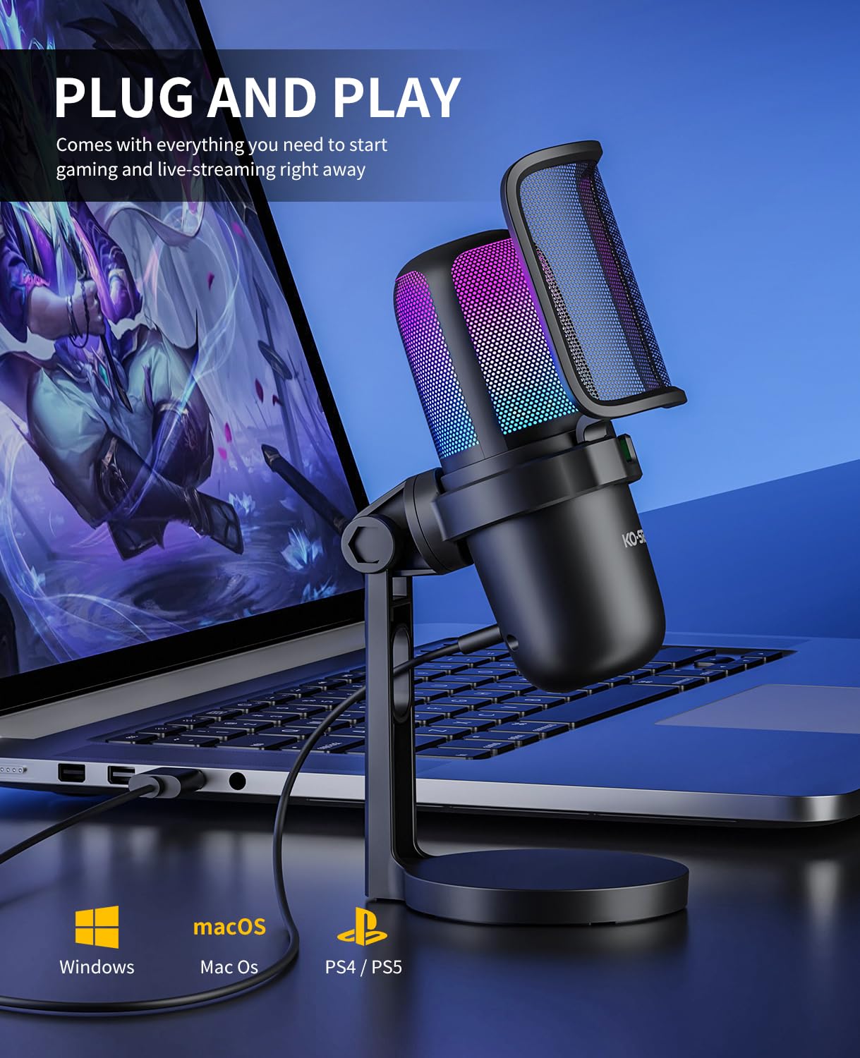 Ko-Star M-630S USB Gaming Microphone for PC, PS4/PS5, Black, Compact, Metal, with RGB Light, Quick Mute, Pop Filter, Shock Mount